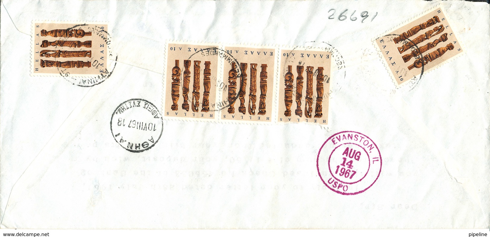 Greece Registered Air Mail Cover Sent To USA 10-8-1967 With Stamps On Front And Backside Of The Cover - Covers & Documents