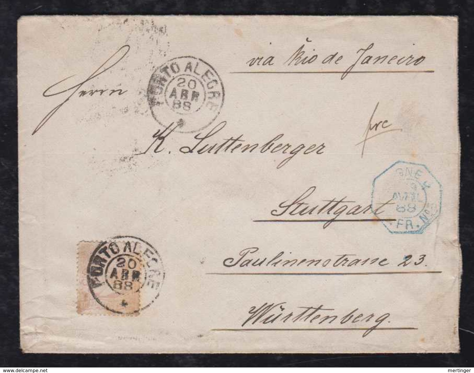 Brazil Brasil 1888 Cover 200R Dom Pedro PORTO AKEGRE To STUTTGART French Paquebot LIGNE J - Covers & Documents