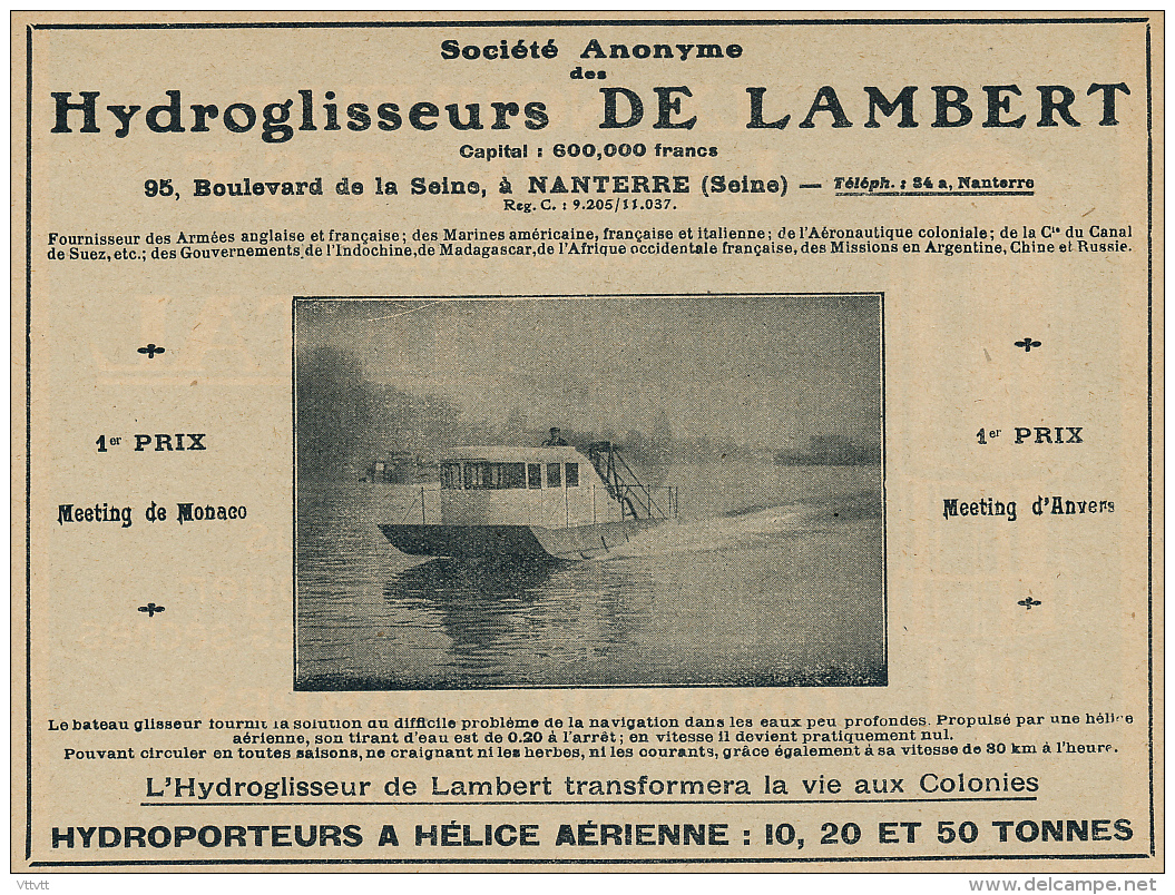 Ancienne Publicite (1925) : Hydroglisseurs DE LAMBERT, Meeting De Monaco Et D' Anvers, Fournisseur De L'armée, Nanterre - Publicités