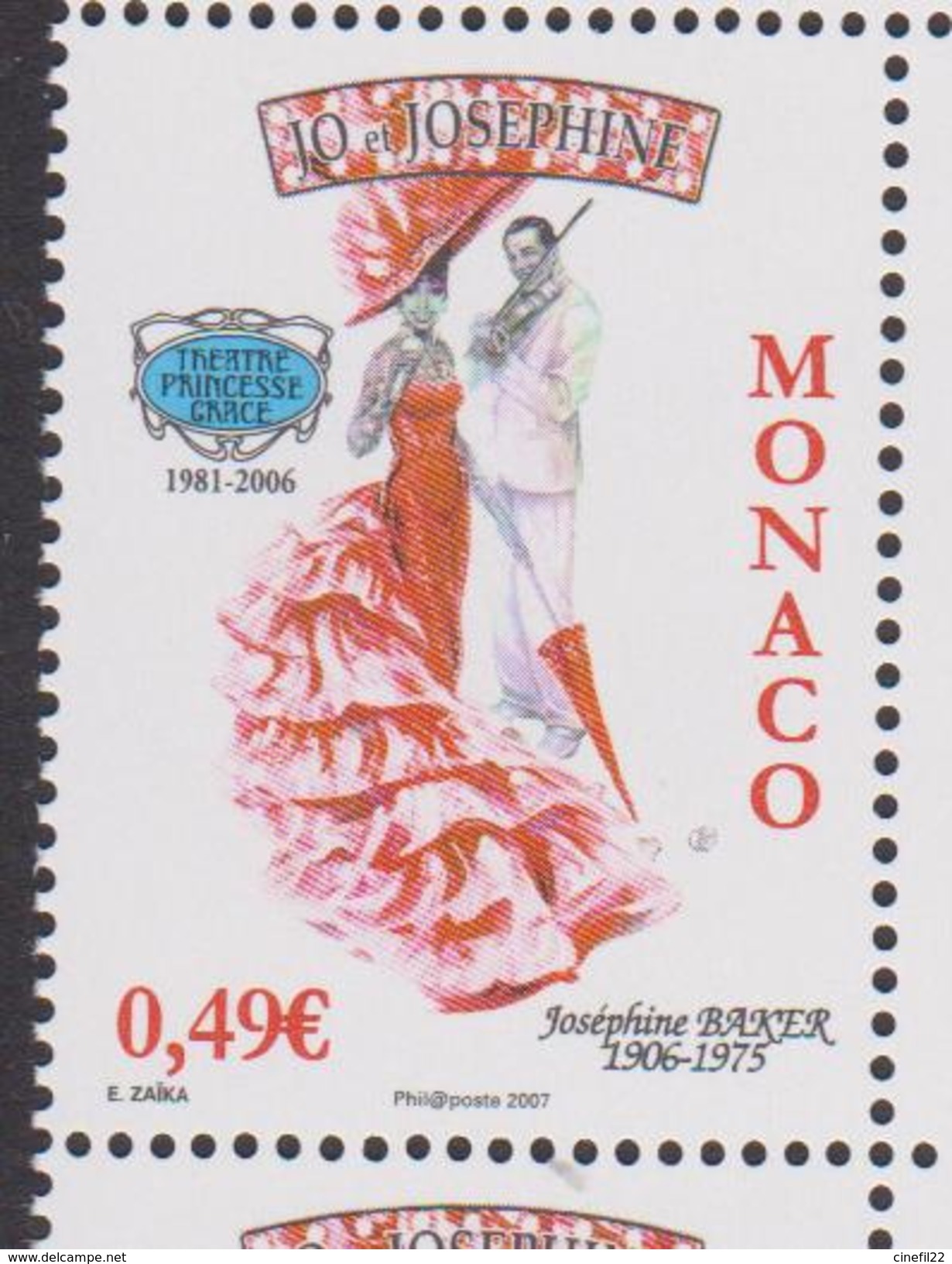 MONACO, 2006, Josephine Baker, Theatre Princesse Grace, Chanson, Cinema, 1 Val Neuve ** - Unused Stamps