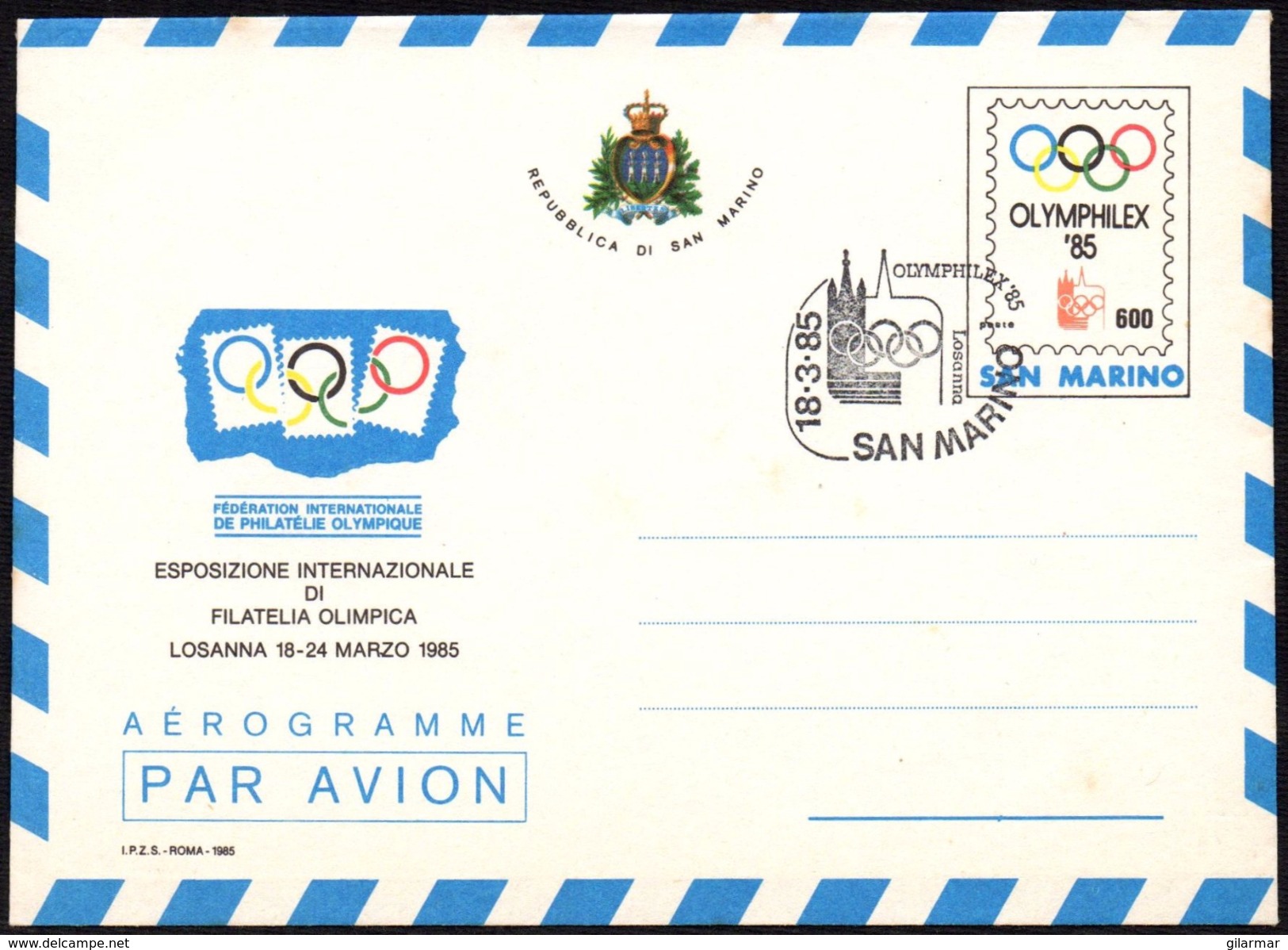 SAN MARINO LAUSANNE 1985 - WORLD SPORT OLYMPIC PHILATELIC EXHIBITION "OLYMPHILEX '85" - STATIONERY - Estate 1988: Seul