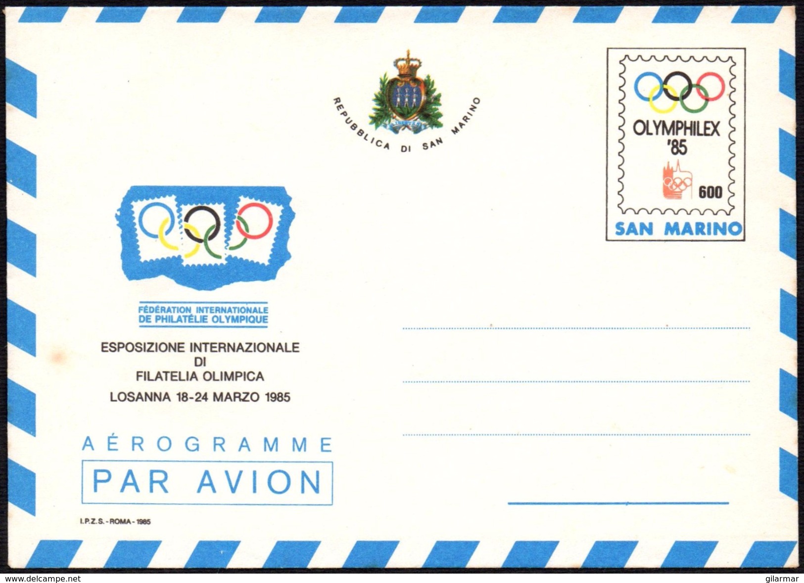 SAN MARINO 1985 - WORLD SPORT OLYMPIC PHILATELIC EXHIBITION "OLYMPHILEX '85" - MINT POSTAL STATIONERY - Estate 1988: Seul