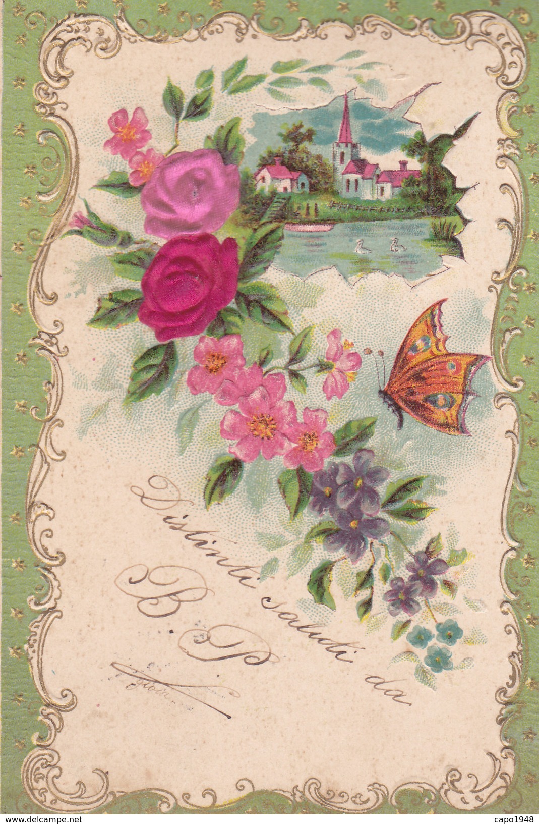 CARD AUGURIO ROSE RICOPERTE DI VELLUTO FARFALLA CORNICE DORATA RILIEVO  -FP-V-2-0882-27310 - Autres & Non Classés