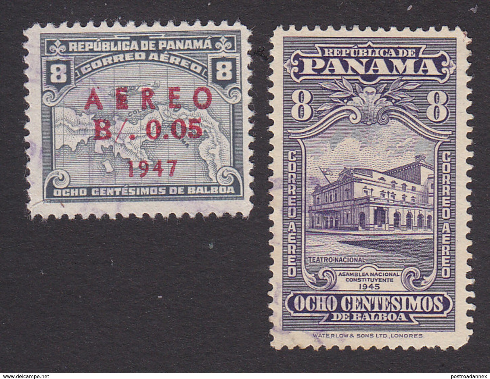 Panama, Scott #C82, C87, Used, Map Surcharged, Theater, Issued 1947 - Panama