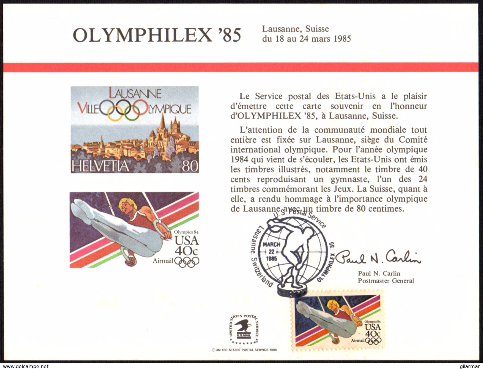 UNITED STATES LAUSANNE 1985 - WORLD SPORT OLYMPIC PHILATELIC EXHIBITION "OLYMPHILEX '85" - OFFICIAL CARD - DISCUS THROW - Estate 1988: Seul