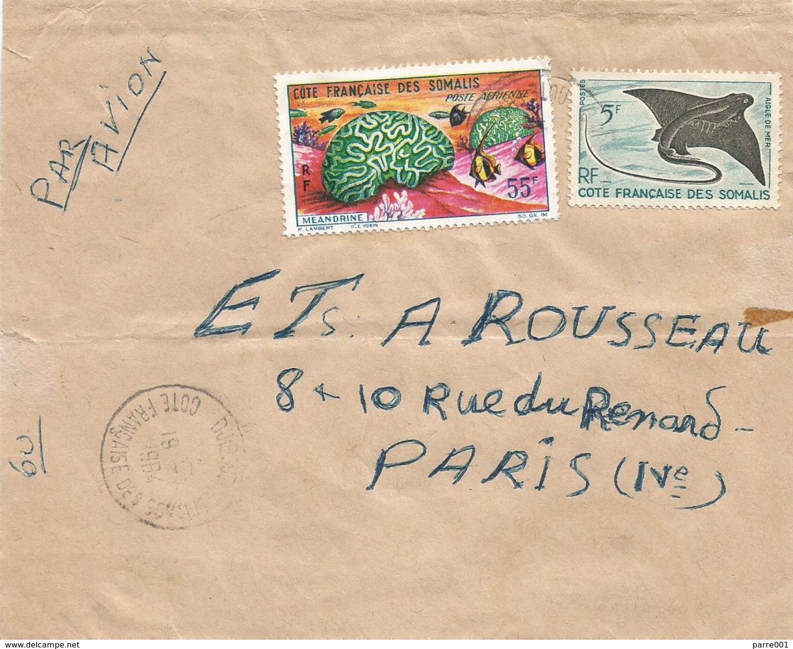 Cote Francaise Somalis 1964 Djibouti Coral Reef Raie Ray Fish Cover - Brieven En Documenten