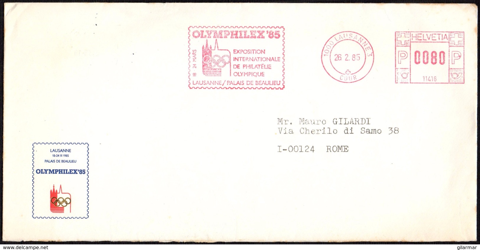 SWITZERLAND LAUSANNE 1985 - METER / EMA - WORLD SPORT OLYMPIC PHILATELIC EXHIBITION "OLYMPHILEX '85" - OFFICIAL ENVELOPE - Estate 1988: Seul