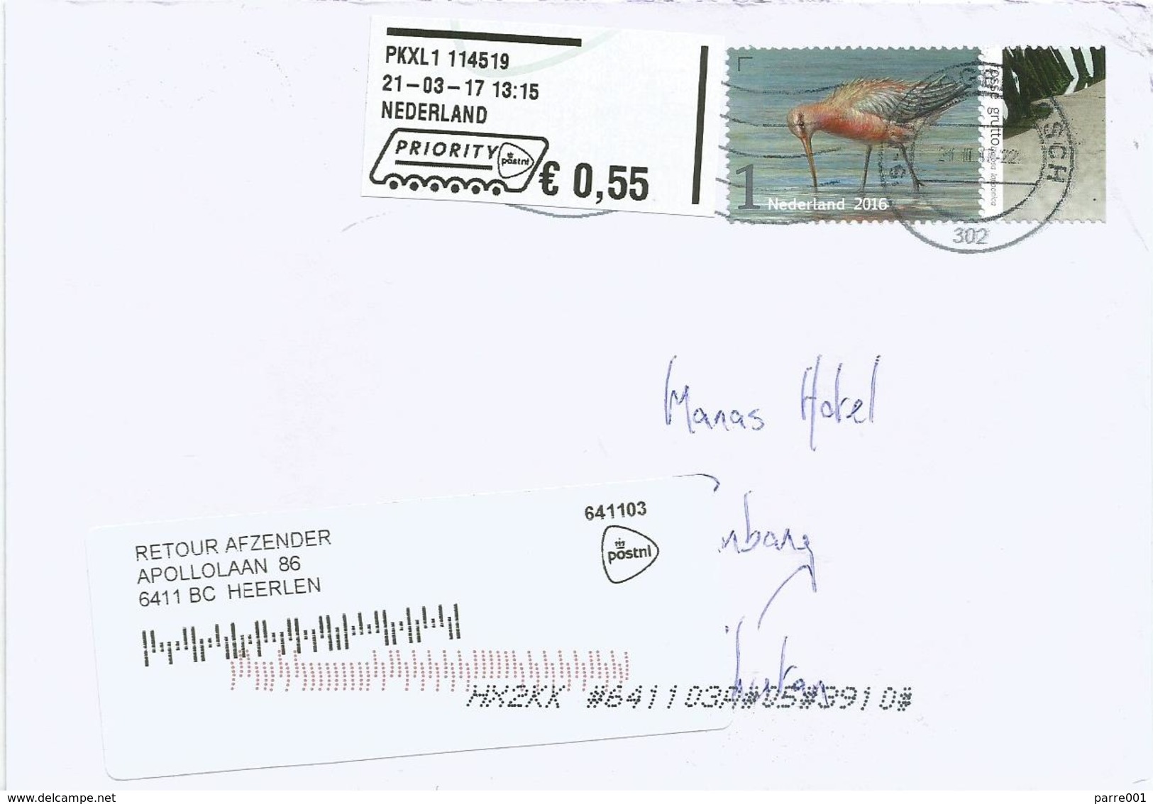 Netherlands 2017 Heerlen Meter Franking Hytech Digital Stamp On Label EMA Grutto Cover Bhutan Returned - Máquinas Franqueo (EMA)