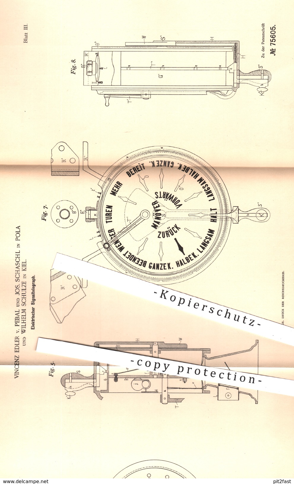 Original Patent - Vincenz Edler V. Pebal | J. Schaschl , Pola | Wilh. Schulze , Kiel , 1893 , Elektr. Signal - Telegraph - Historische Dokumente