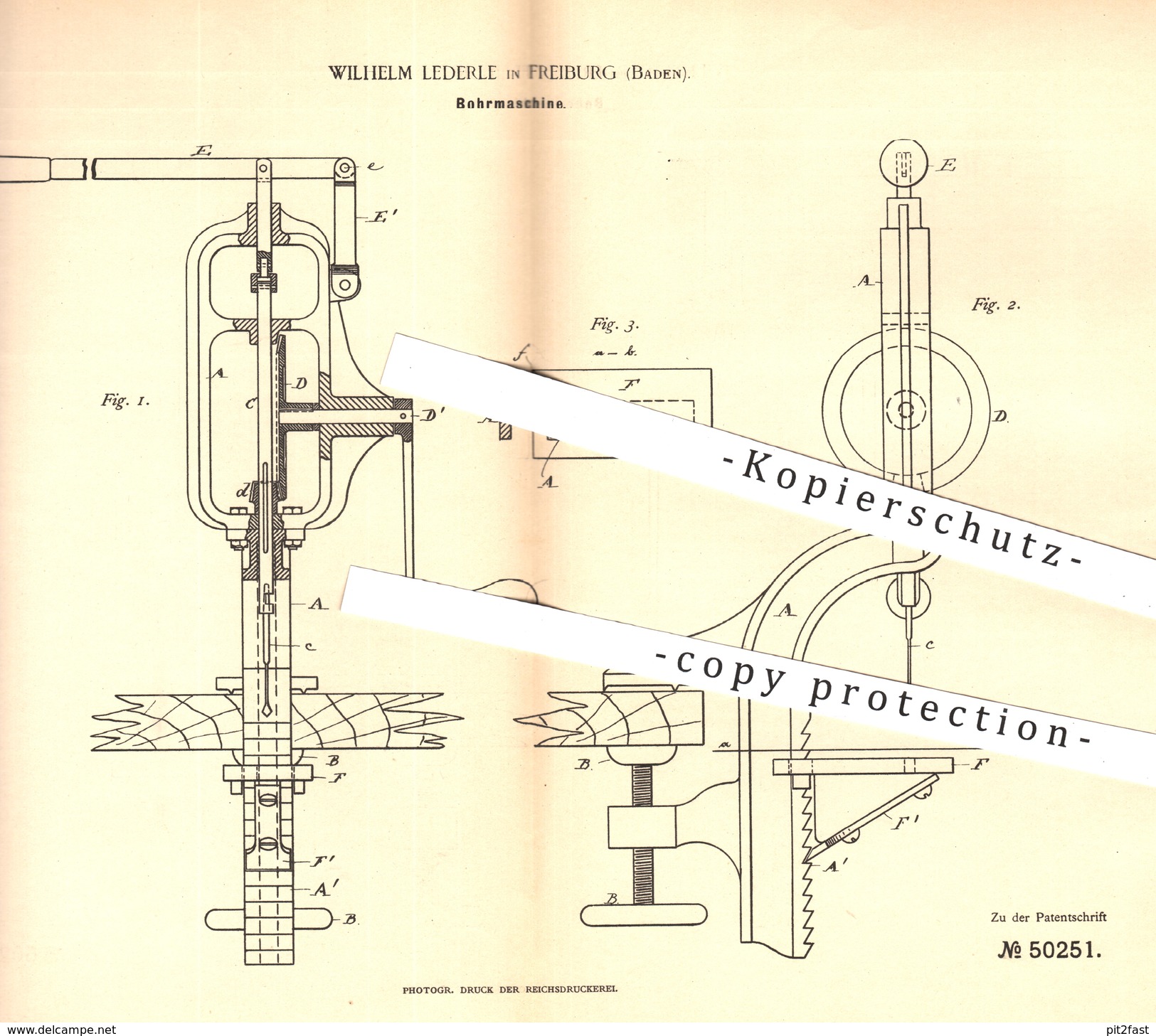 Original Patent - Wilhelm Lederle , Freiburg , 1889 , Bohrmaschine | Bohrmaschinen , Bohren , Bohrer , Werkzeug , Metall - Historische Dokumente