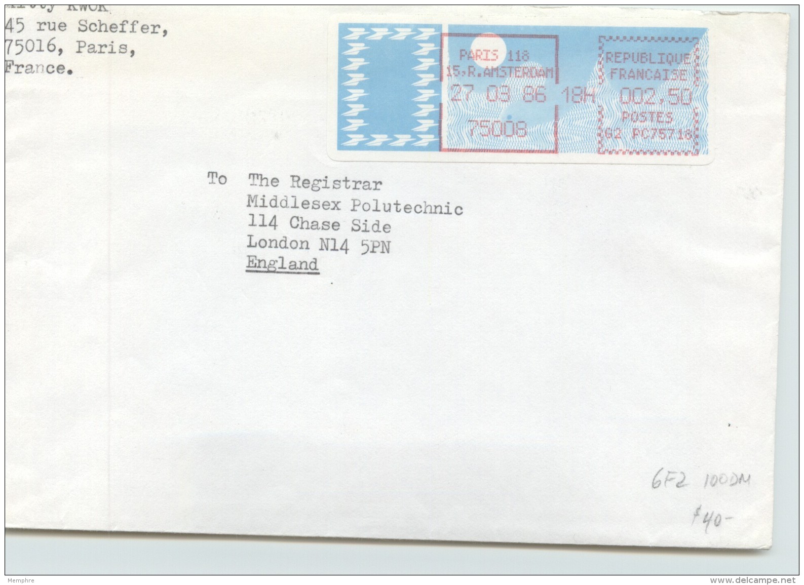 1986  Lettre Pour L'Angleterre Tarif 2,50fr Distributeur Paris 118 Rue D'Amsterdam - 1985 Papier « Carrier »