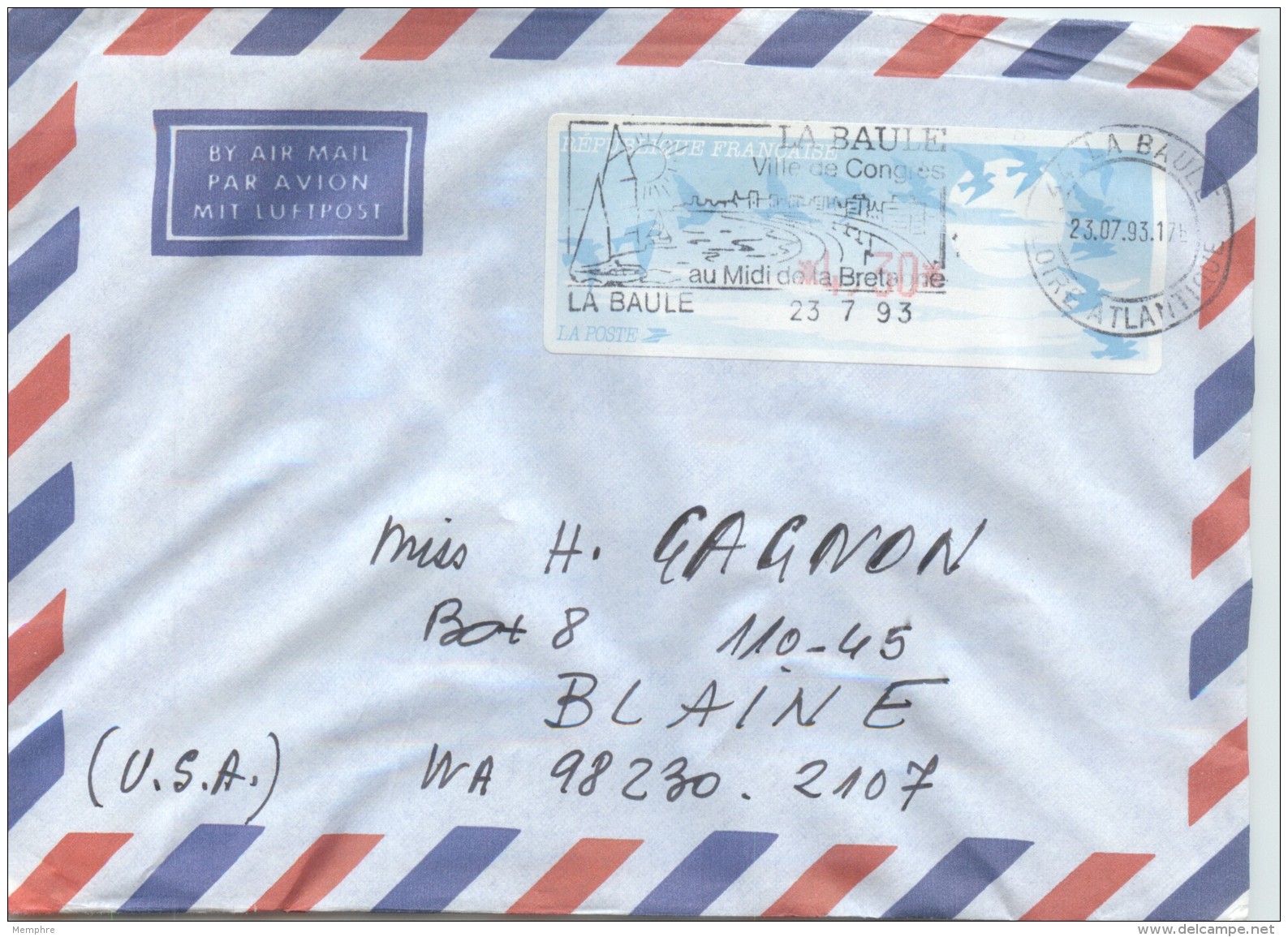 1993  Lettre Avion Pour Les USA Tarif 1,30fr LISA  Oblitéré La Baule - 1999-2009 Vignette Illustrate