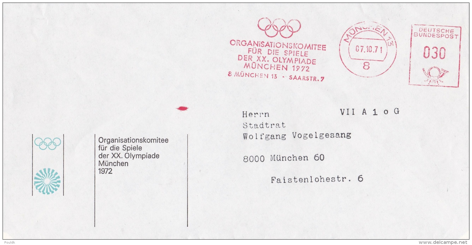 Germany Cover W/Machine Cancel Organisationskomitee Für Die Spiele Der XX. Olympade München P/m München 1971 (LAR5-12) - Sommer 1972: München