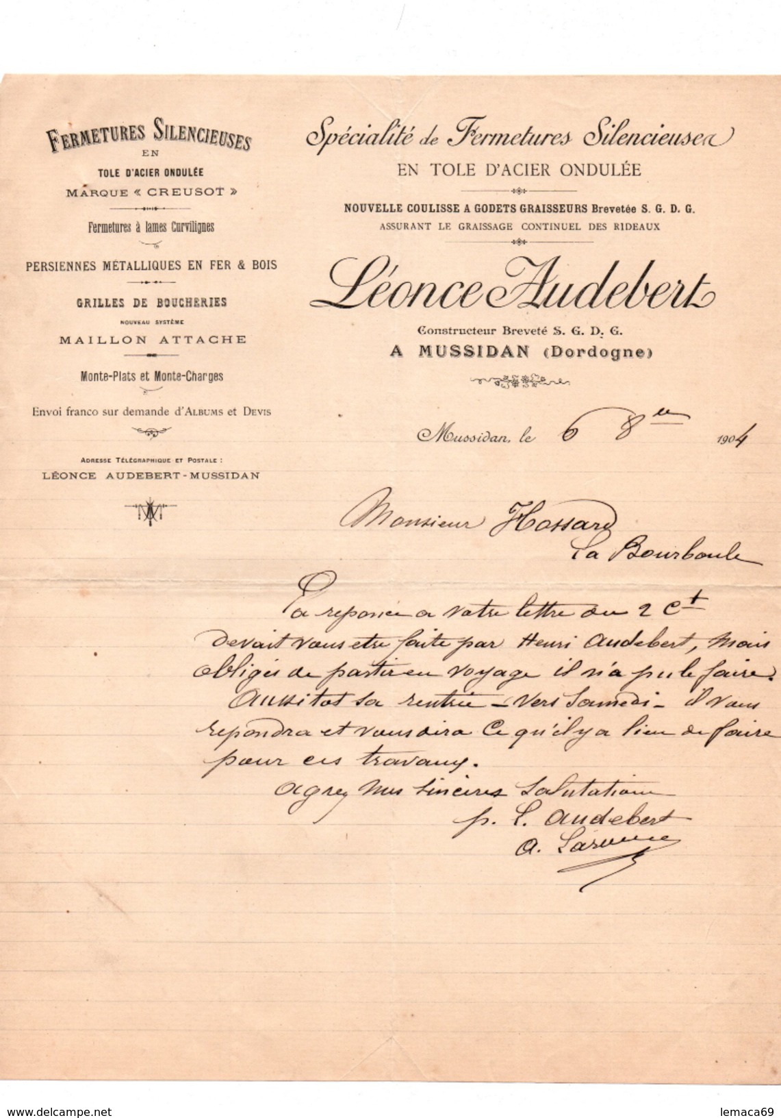 Vieille Lettre Specialités De Fermetures Silencieuses En Tole D'acier Ondulée Léonce Audebert Mussidan (dordogne) - 1900 – 1949
