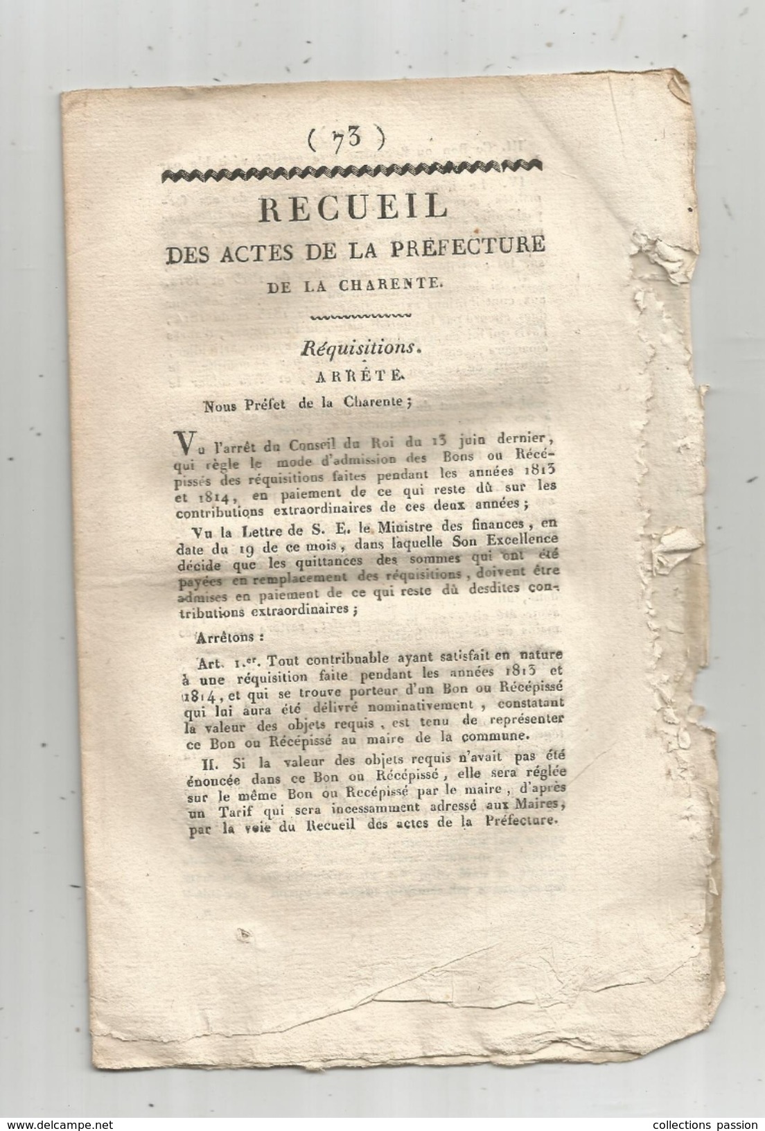 Recueil De La Préfecture De La CHARENTE , 1814 , Frais Fr : 1.95 Euros - Historical Documents