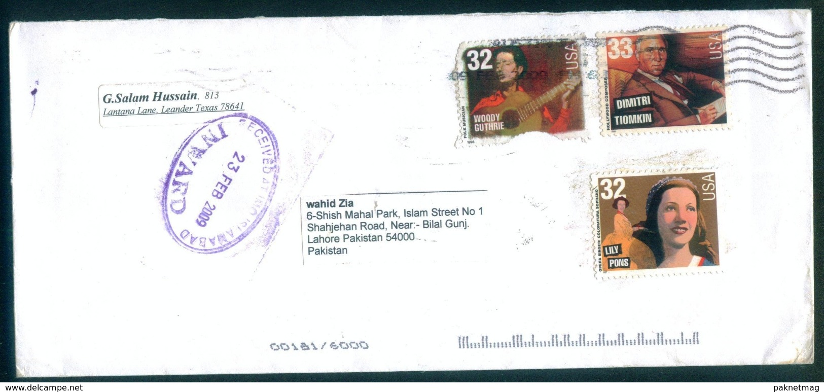 C100- Postal Used Cover. Posted From USA To Pakistan. Singer. Film Actoress - Other & Unclassified