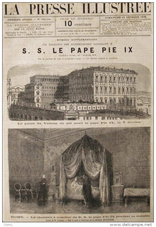 Le Palais Du Vatican Où Est Mort Le Pape Pie IX - Rome, La Chambre à Coucher De S.S. Le Pape Pie   Page Original - 1878 - Documenti Storici