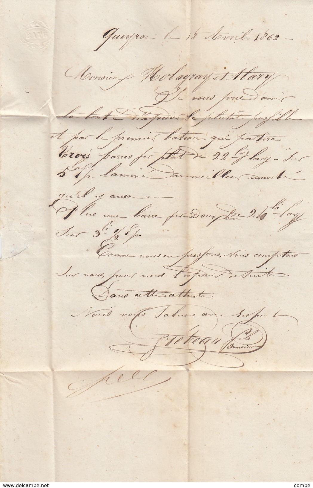 LETTRE.   19 AVRIL 1862.   N° 14.   PC 1698.    GIRONDE LESPARRE.   ORIGINE RURALE  OR + QUEYRAC - 1849-1876: Période Classique