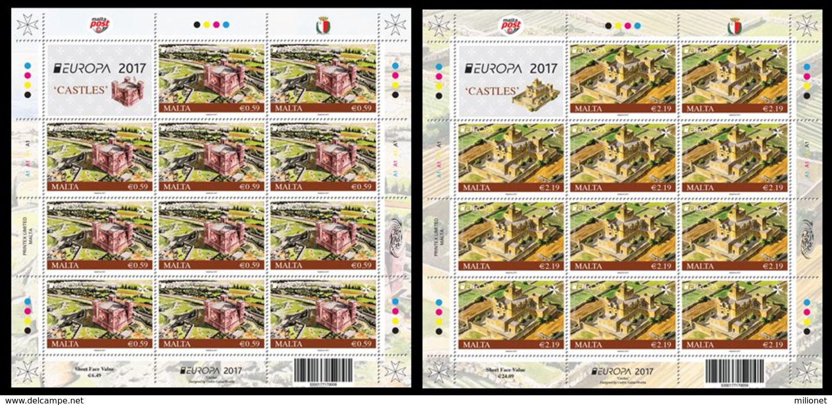 SALE!!! MALTA 2017 EUROPA CEPT CASTLES 2 Sheetlets Of 11 Stamps + 1 Vignette MNH ** - 2017