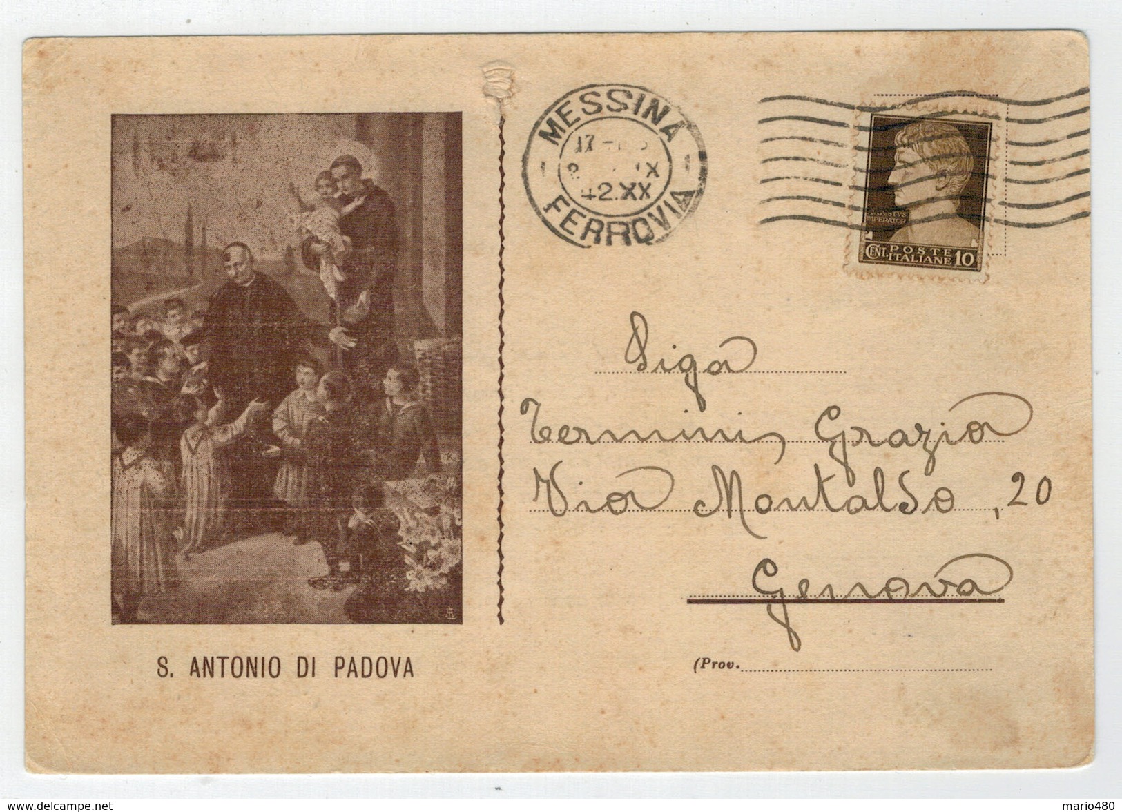 CARTOLINA  POSTALE  1942  S. ANTONIO  DA  PADOVA           2  SCAN   (VIAGGIATA) - Storia Postale