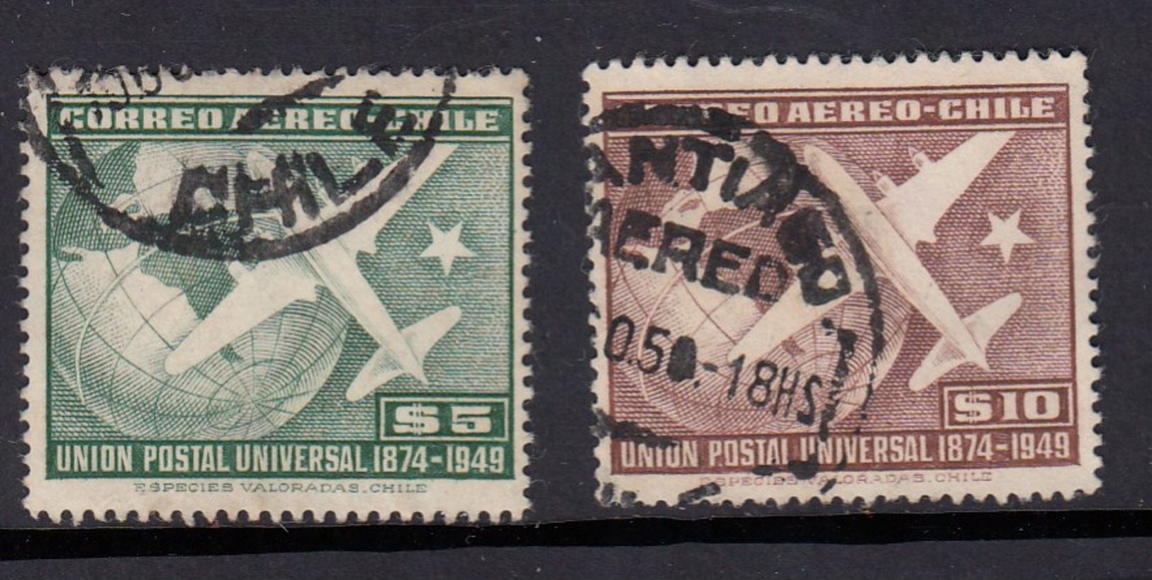 Chile 1950 75th Anniversary Of UPU - 2 Used Planes - WPV (Weltpostverein)