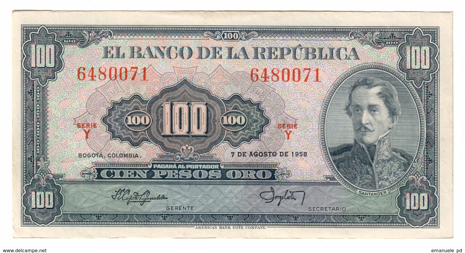 Colombia 100 Pesos 07/08/1958 AUNC - Colombie