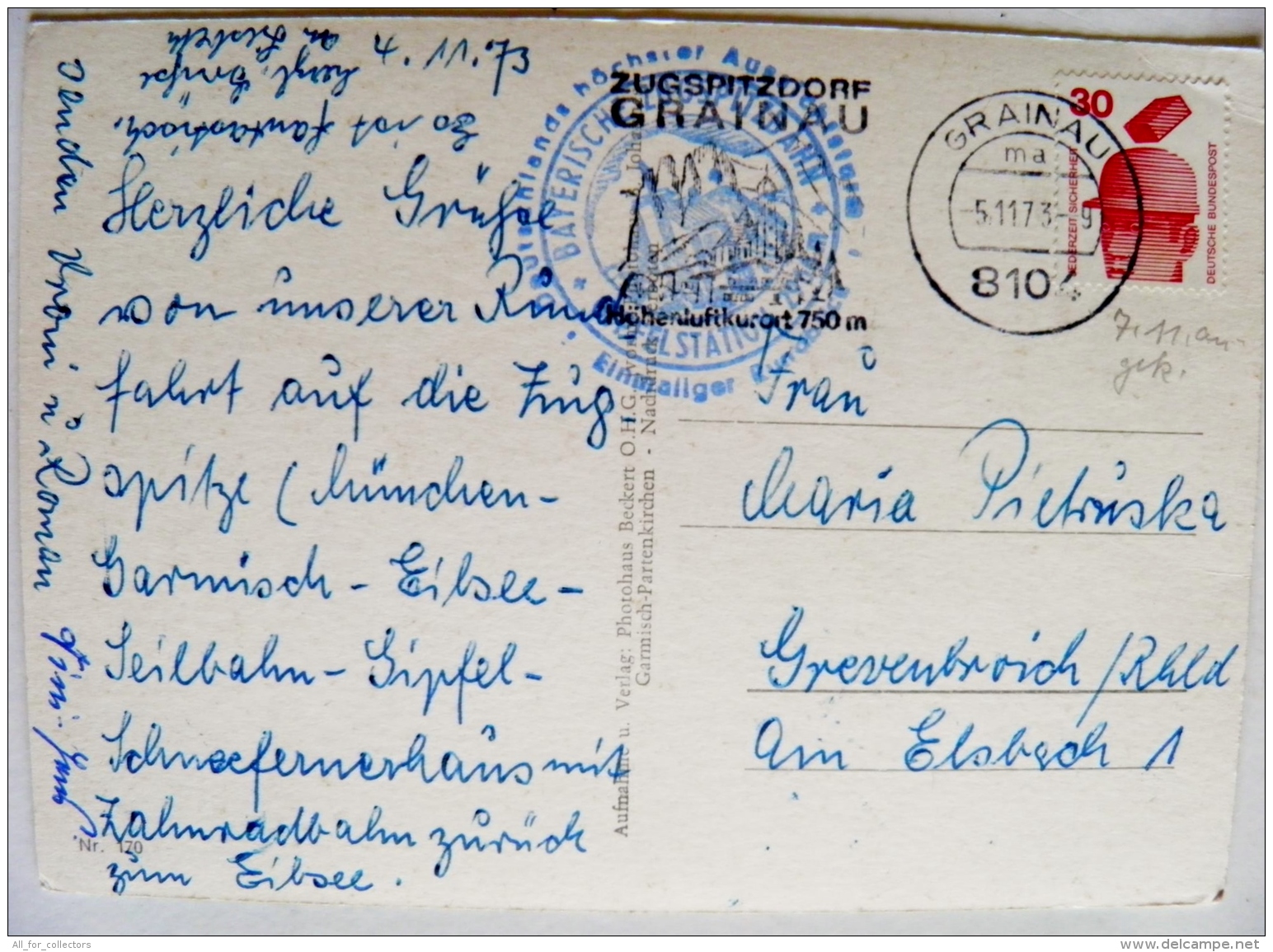 Post Card Sent From Germany Atm Machine Cancel 1973 Grainau Zugspitze - Briefe U. Dokumente