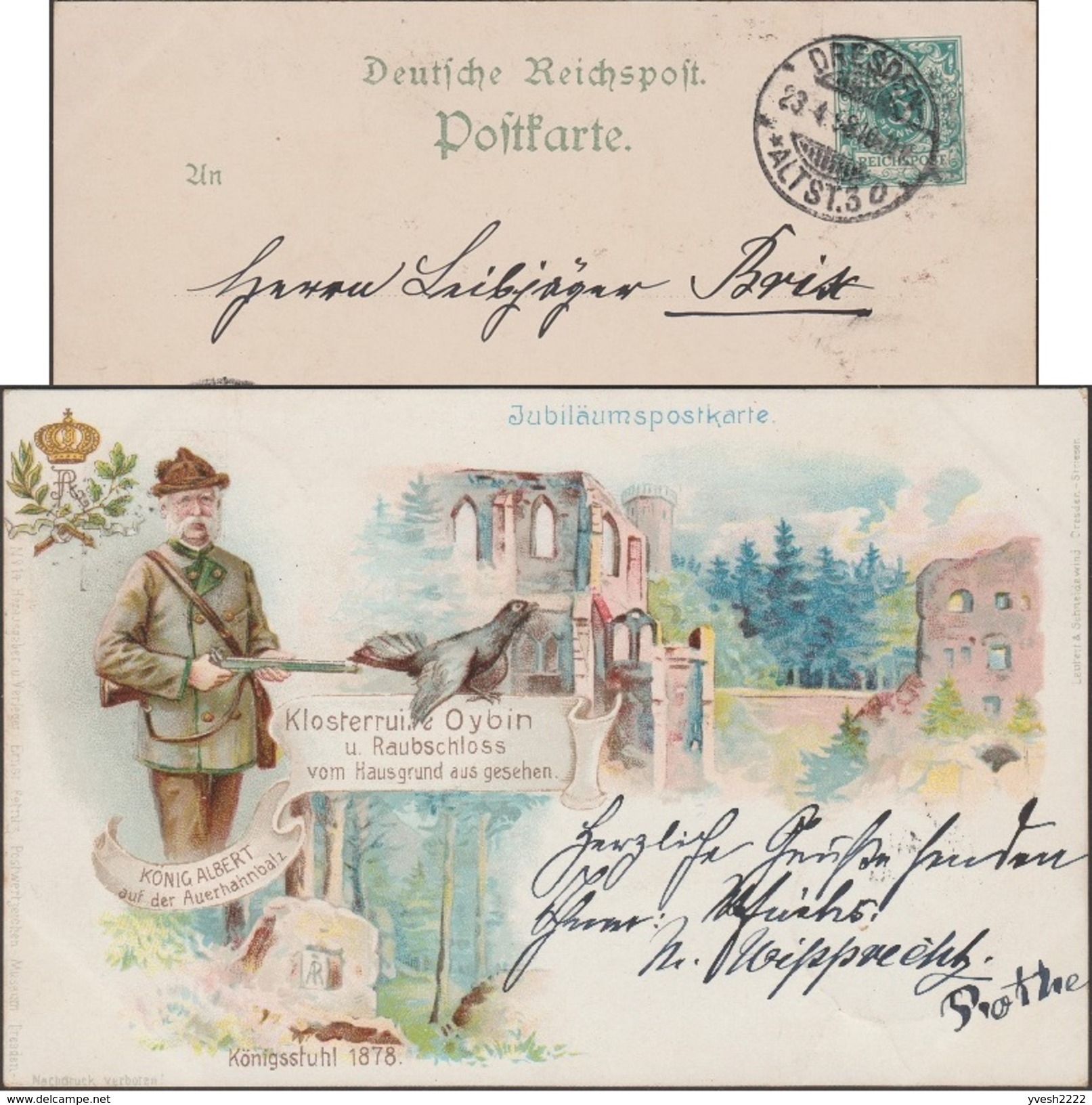 Allemagne 1898. Entier Postal Illustré. Oybin, Chasse Royale Au Coq De Bruyère. Abbaye Des Célestins, Château Pré-Alpes - Hühnervögel & Fasanen