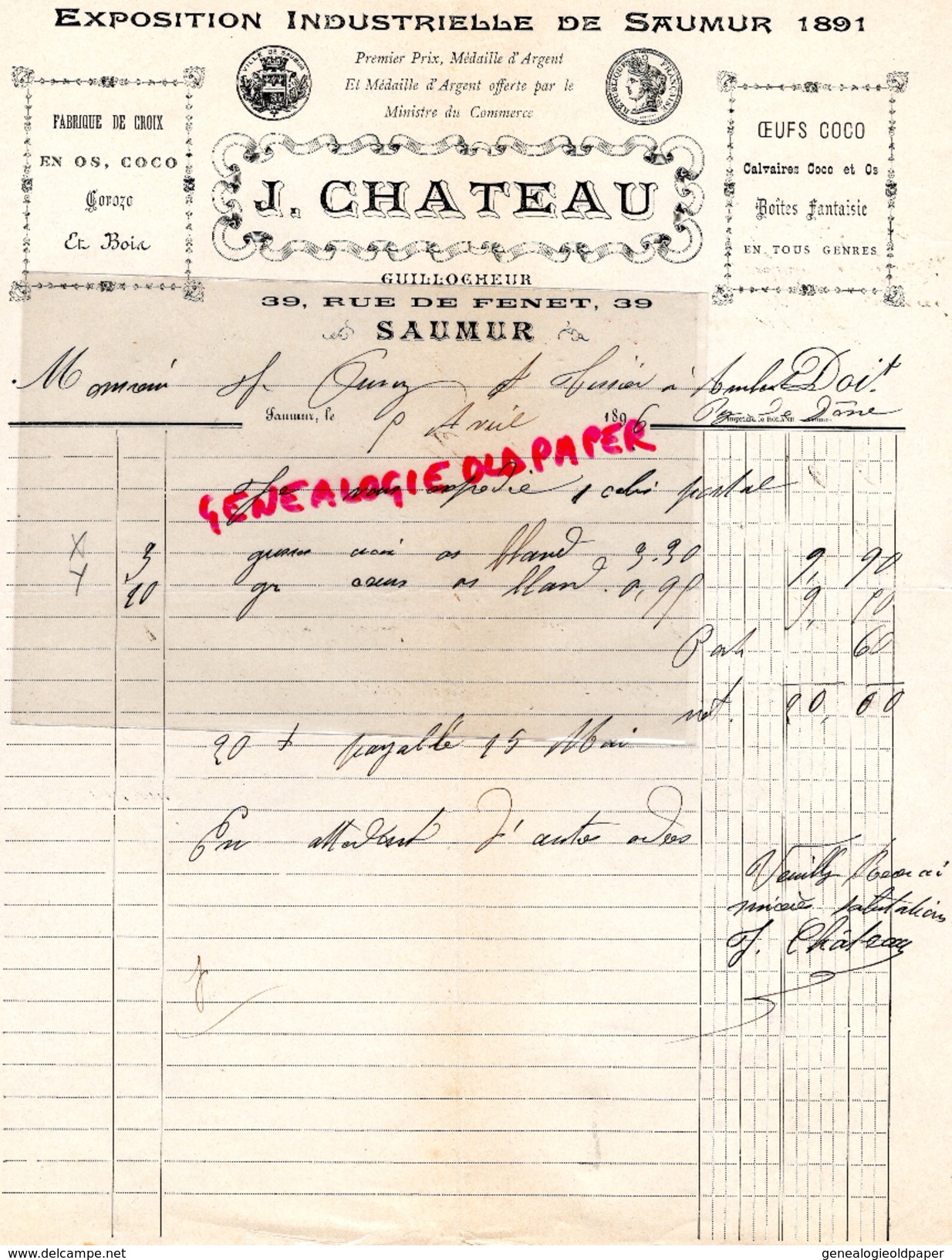 49-  SAUMUR - FACTURE J. CHATEAU- GUILLOCHEUR -39 RUE DE FENET- FRABRIQUE DE CROIX EN OS -COCO-1896 - Petits Métiers