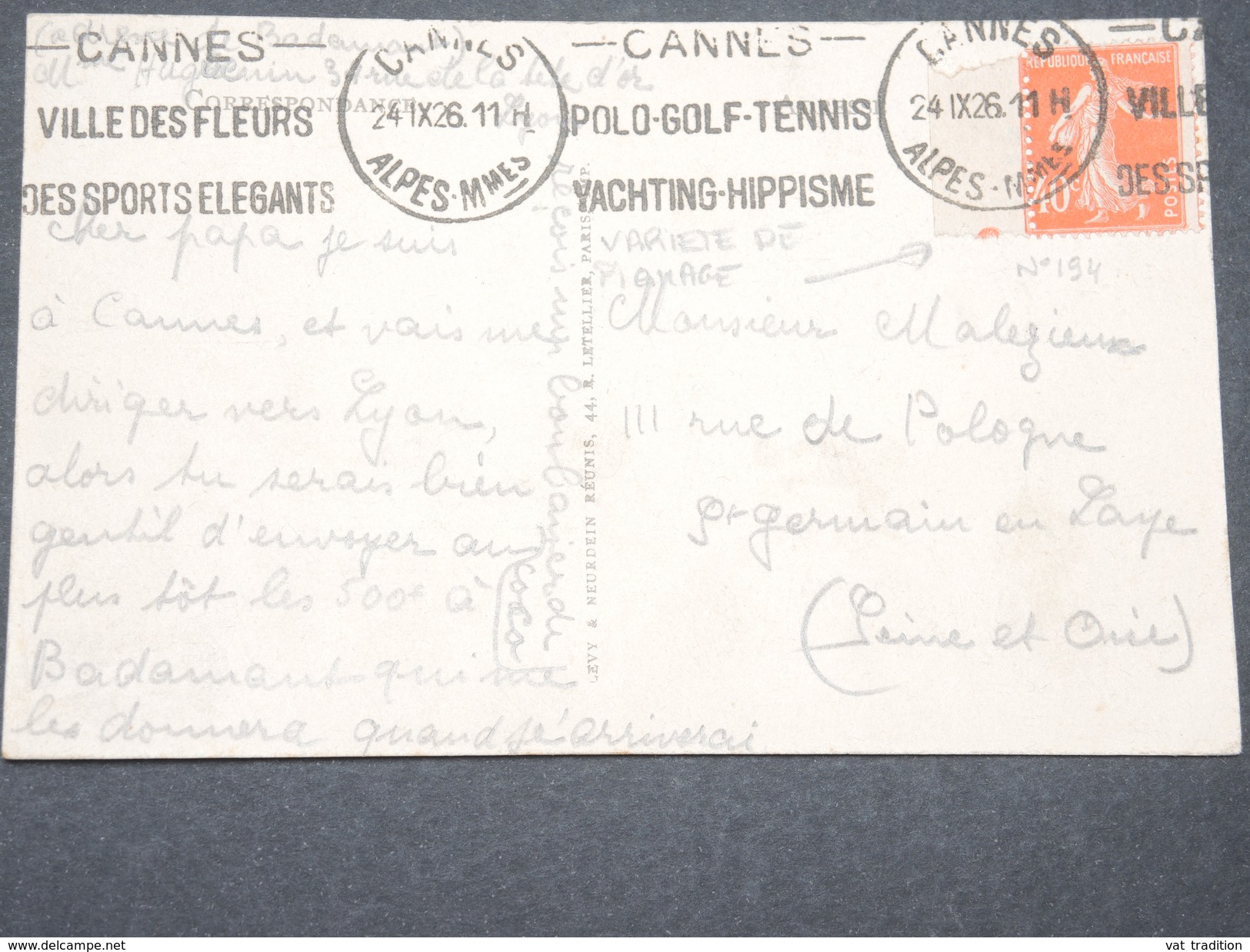 FRANCE - Petit Piquage Décalé Sur Type Semeuse Bord De Feuille Sur Carte Postale De Cannes En 1926  - L 8033 - Storia Postale