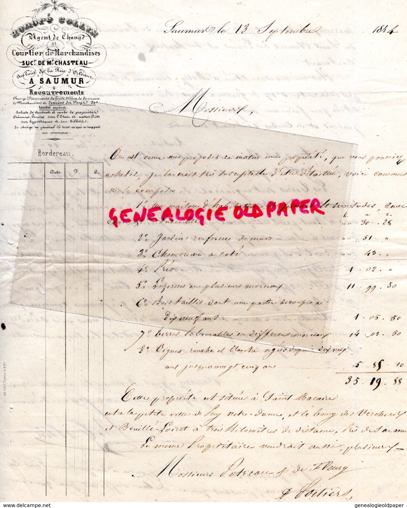 49-  SAUMUR - FACTURE  HONORE COLLIN- 1844- AGENT DE CHANGE - SUCCESSEUR DE M. CHASTEAU - Bank & Insurance