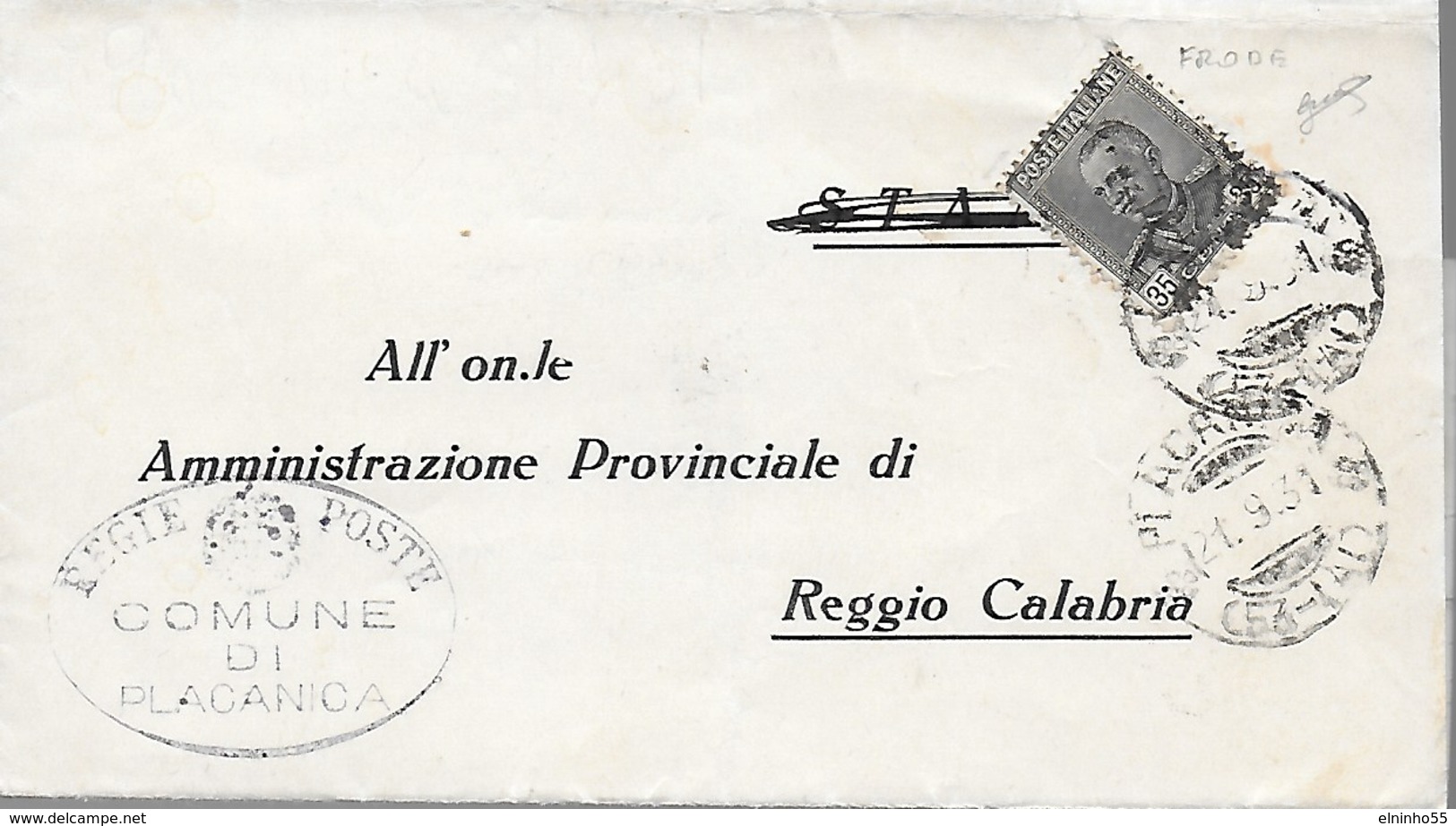 1931 Regno - Piego Comunale C. 35 Effigie Vittorio Emanuele Da Placanica Per Reggio Calabria - Frode - Uso Singolo - Marcophilia