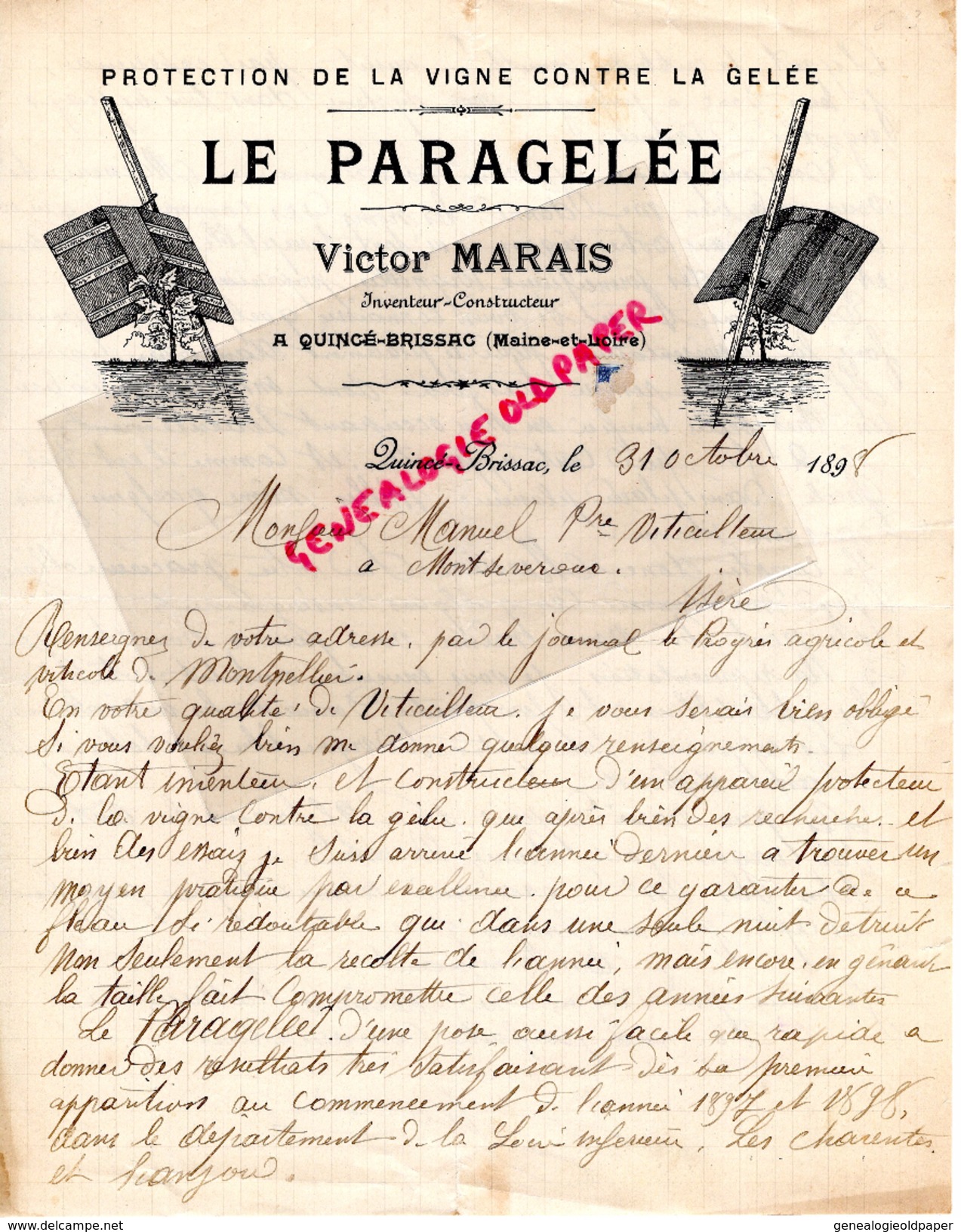 49-  QUINCE BRISSAC- LETTRE MANUSCRITE SIGNEE- LE PARAGELEE- VICTOR MARAIS-PROTECTION DE LA VIGNE CONTRE LA GELEE- 1898 - Old Professions