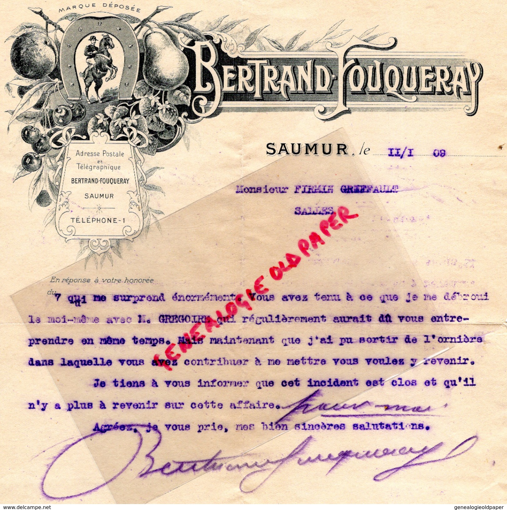 49-  SAUMUR- LETTRE BERTRAND FOUQUERAY- 1909  FER A CHEVAL - Straßenhandel Und Kleingewerbe