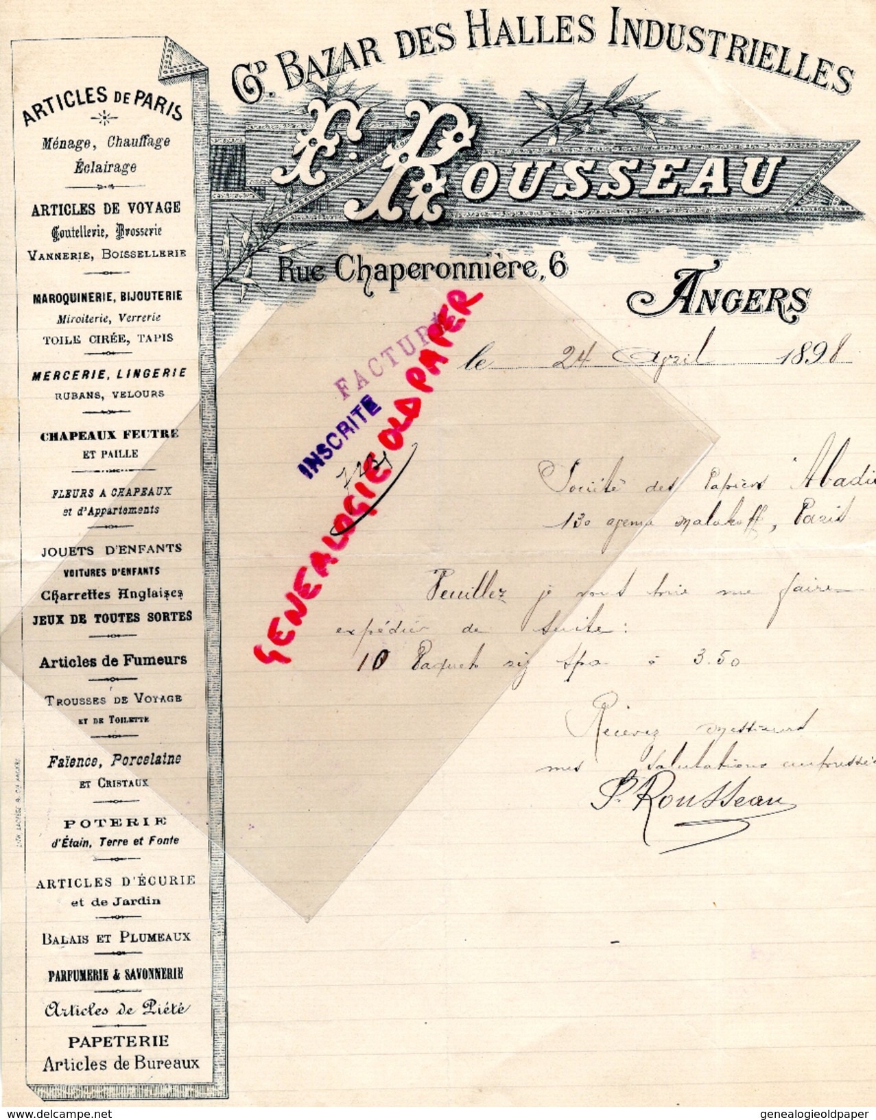 49-  ANGERS- FACTURE F. ROUSSEAU- GRAND BAZAR DES HALLES INDUSTRIELLES-6 RUE CHAPERONNIERE- 1898 - Old Professions