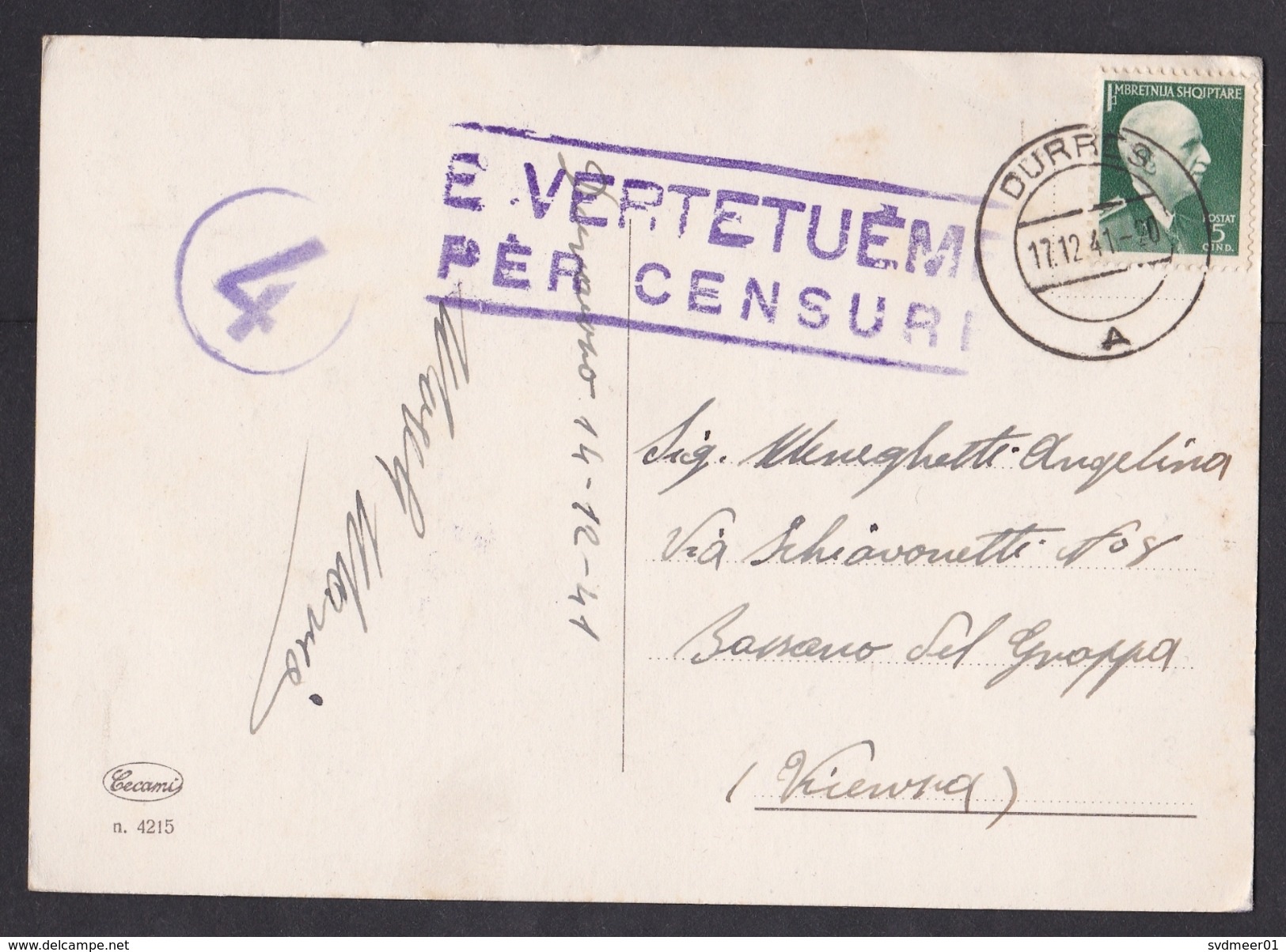 Albania: PPC Picture Postcard, 1941, 1 Stamp, King, Censored, Censor Markings, World War 2, Rare (traces Of Use) - Albanië