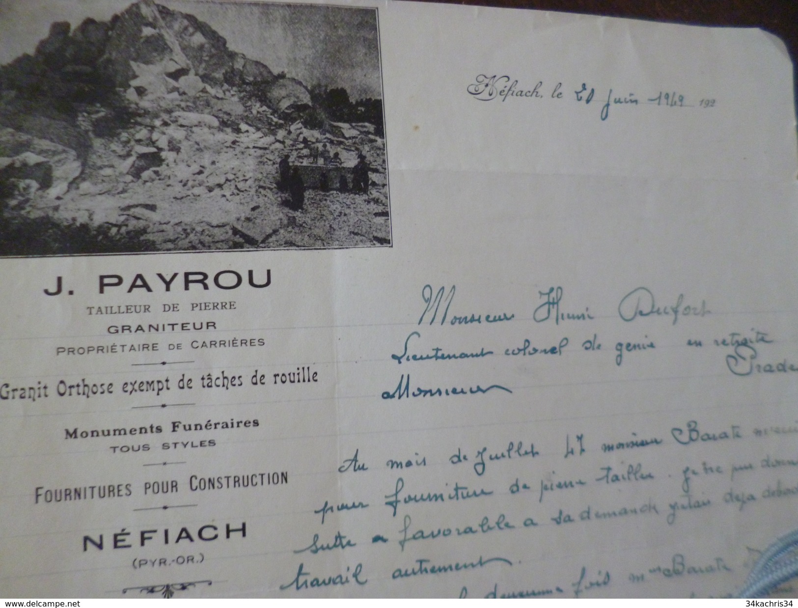 Facture Illustrée J.Payrou Graniteur Tailleur De Pierre Carrières Néfiach Pyrénnées Orientales 1949 - Petits Métiers