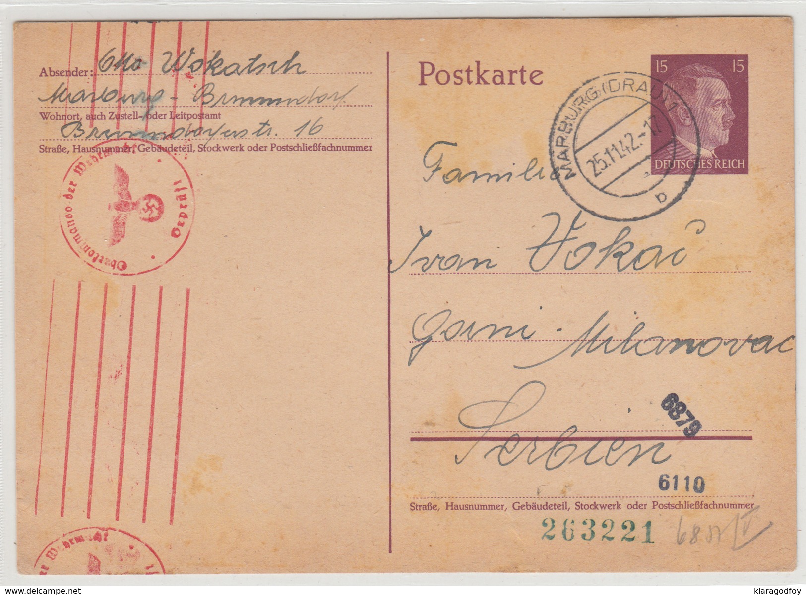 Reich, Slovenia WWII Postal Stationery Postcard Postkarte Censored Travelled 1942 Marburg To Gornji Milanovac - Altri & Non Classificati