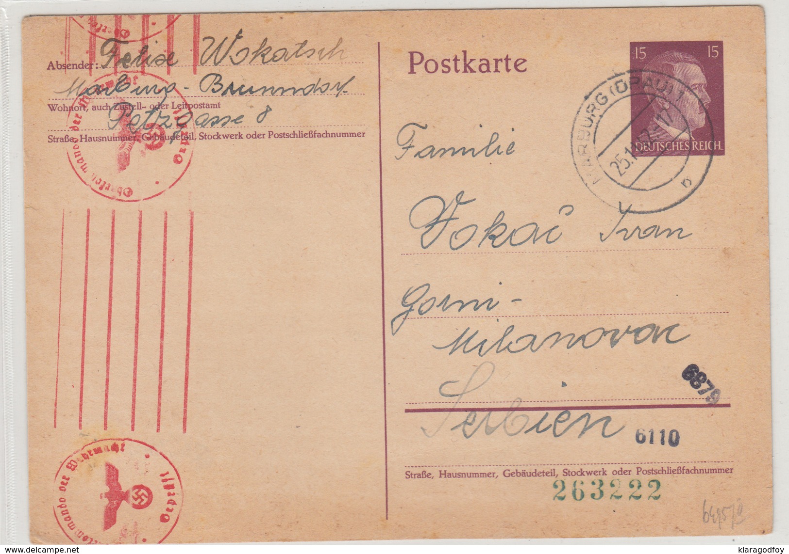 Reich, Slovenia WWII Postal Stationery Postcard Postkarte Censored Travelled 1942 Marburg To Gornji Milanovac - Sonstige & Ohne Zuordnung