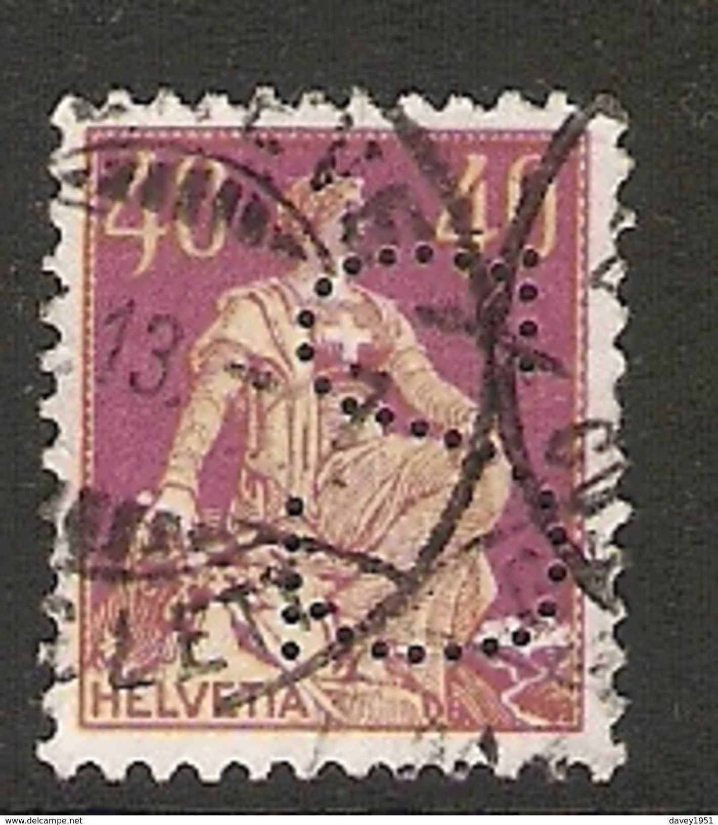 004571 Switzerland 1908 Sitting Helvetia 40c FU PERFIN S - Gebraucht