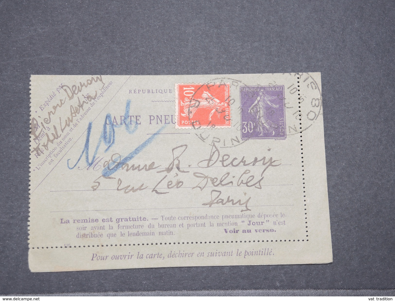 FRANCE - Carte Lettre Pneumatique Type Semeuse De Paris En 1918 ,complément En Semeuse - L 8107 - Pneumatische Post