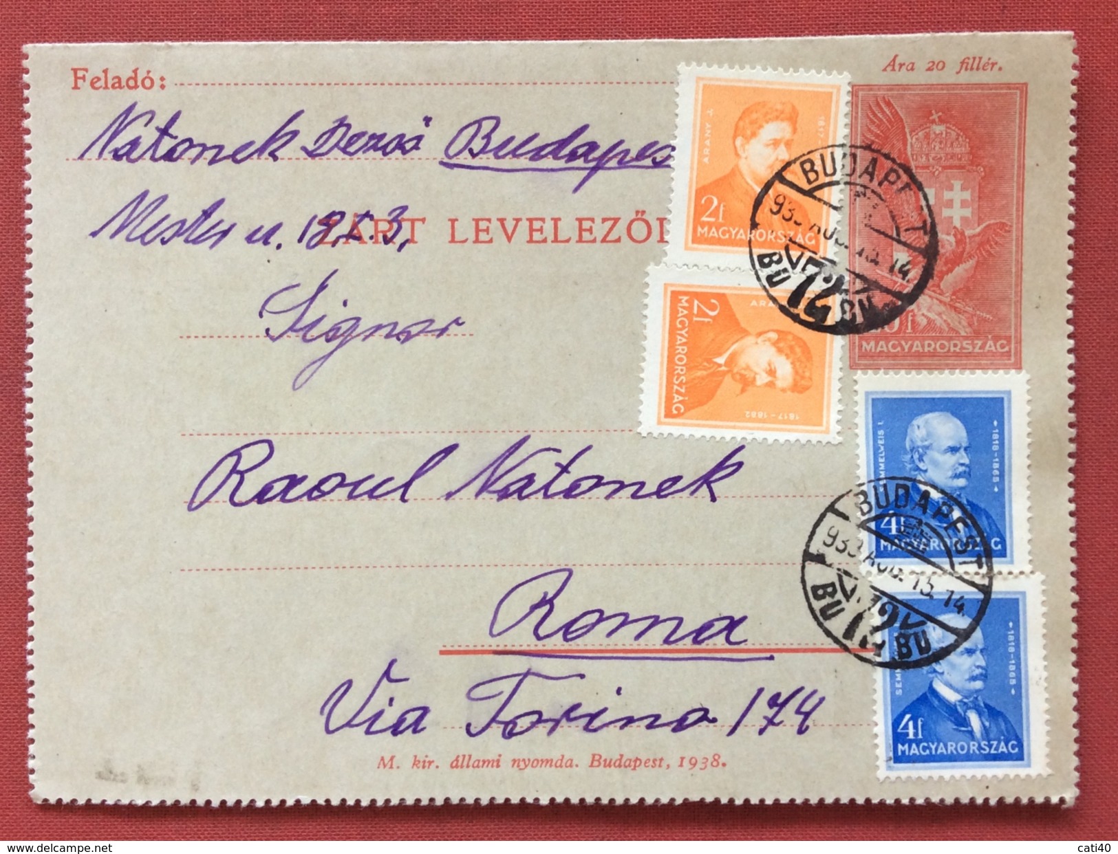 UNGHERIA HUNGRY  BIGLIETTO POSTALE DA BUDAPEST A ROMA IN DATA 15/8/1933 - Covers & Documents