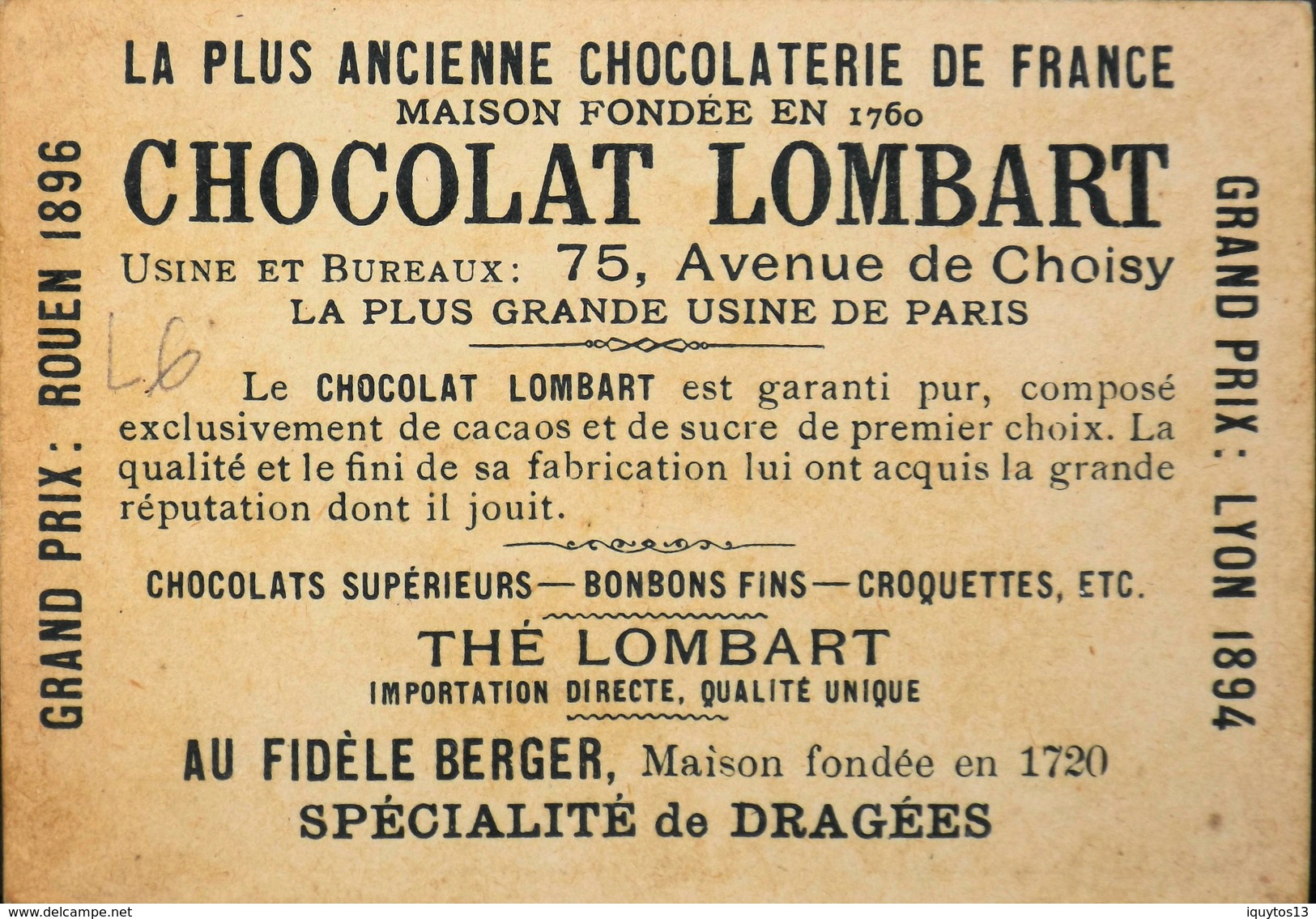 CHROMO & IMAGE - CHROMO. - Chocolat Lombart - Paris Expo.Universelle 1900 - Porte Principale - En TB. état - Lombart