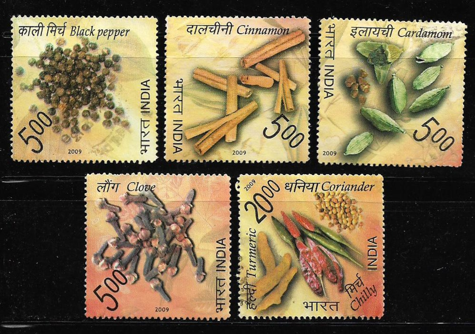 India 2009 Spices Of India Black Pepper Cinnamon Turmeric Coriander Chilly Cardamom Clove Set Of 5 Used Stamps # AR:30 - Used Stamps