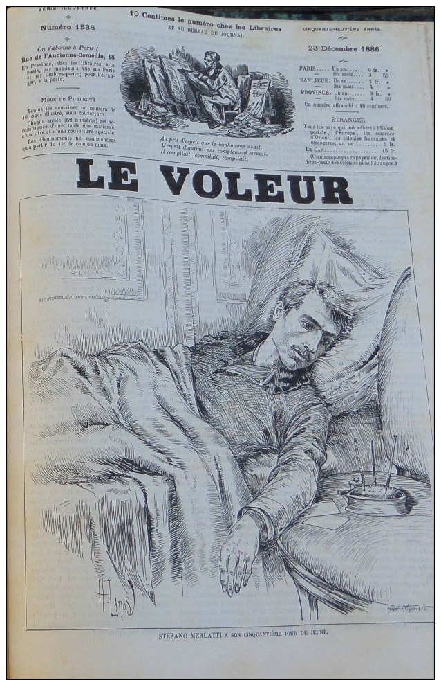 LE VOLEUR1886N°1538: STEFANO MERLATTI 50EME JOUR DE JEUNE/LIVRE ILLUSTRE AVENTURES VOYAGES ET COMBATS PAR LOUIS GARNERAY - 1850 - 1899