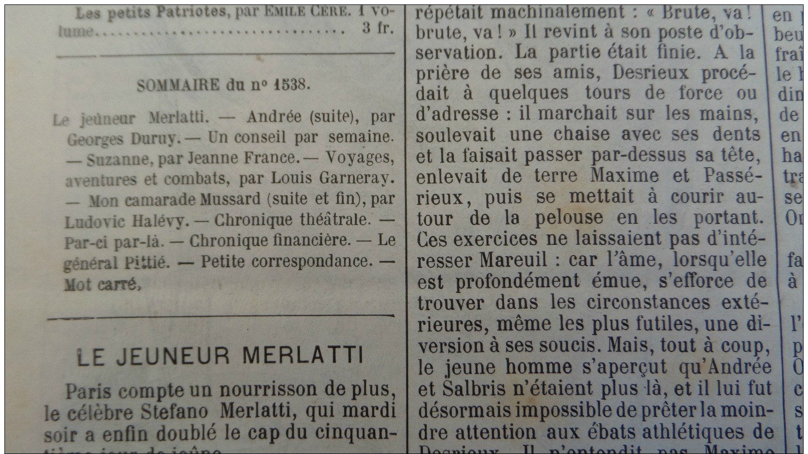 LE VOLEUR1886N°1538: STEFANO MERLATTI 50EME JOUR DE JEUNE/LIVRE ILLUSTRE AVENTURES VOYAGES ET COMBATS PAR LOUIS GARNERAY - 1850 - 1899