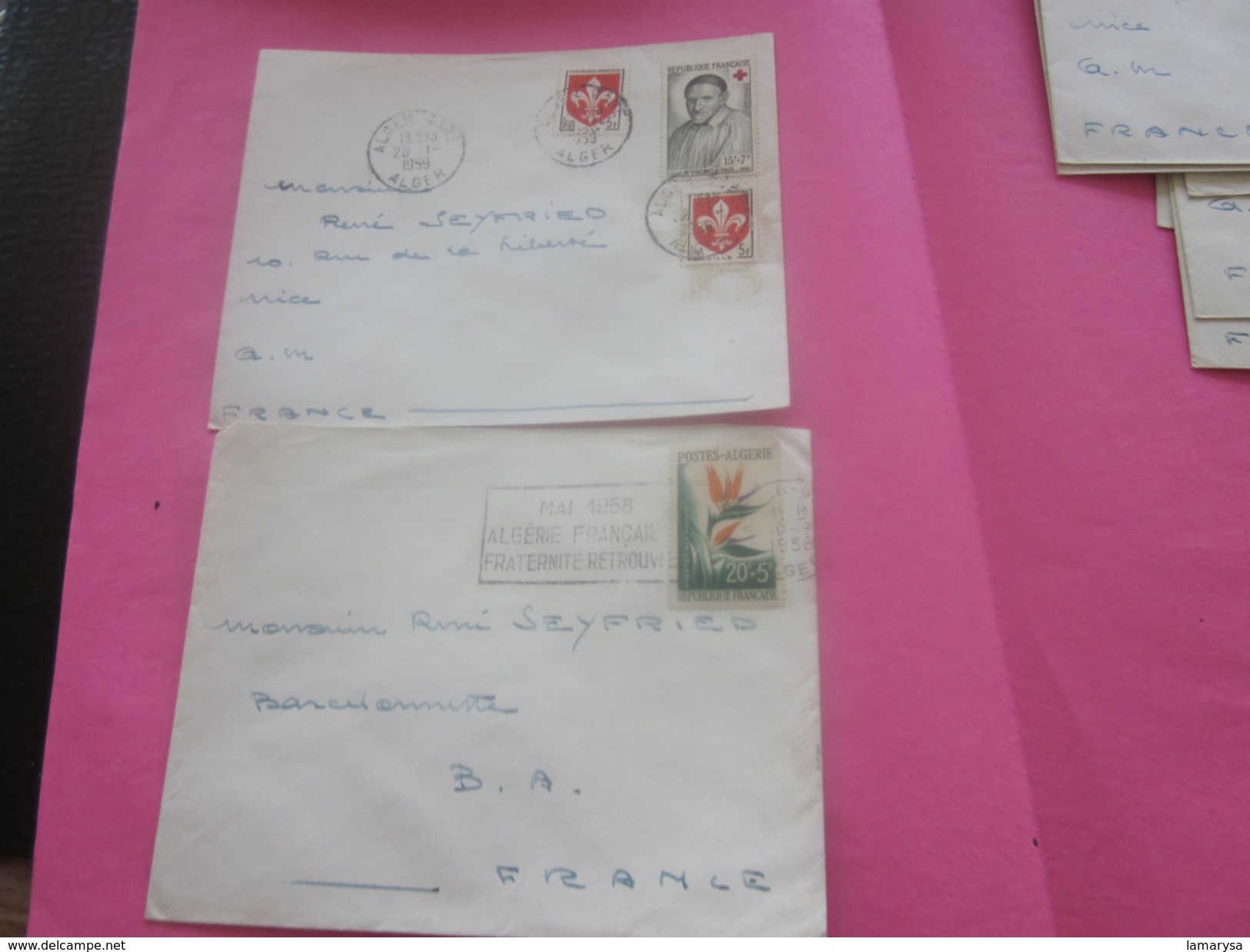 France (ex-Colonie Française) Algérie 1950-62-  2 Lettres & Document OMEC - Flamme(Timbre De Collection)ALGER - NICE-BAR - Covers & Documents