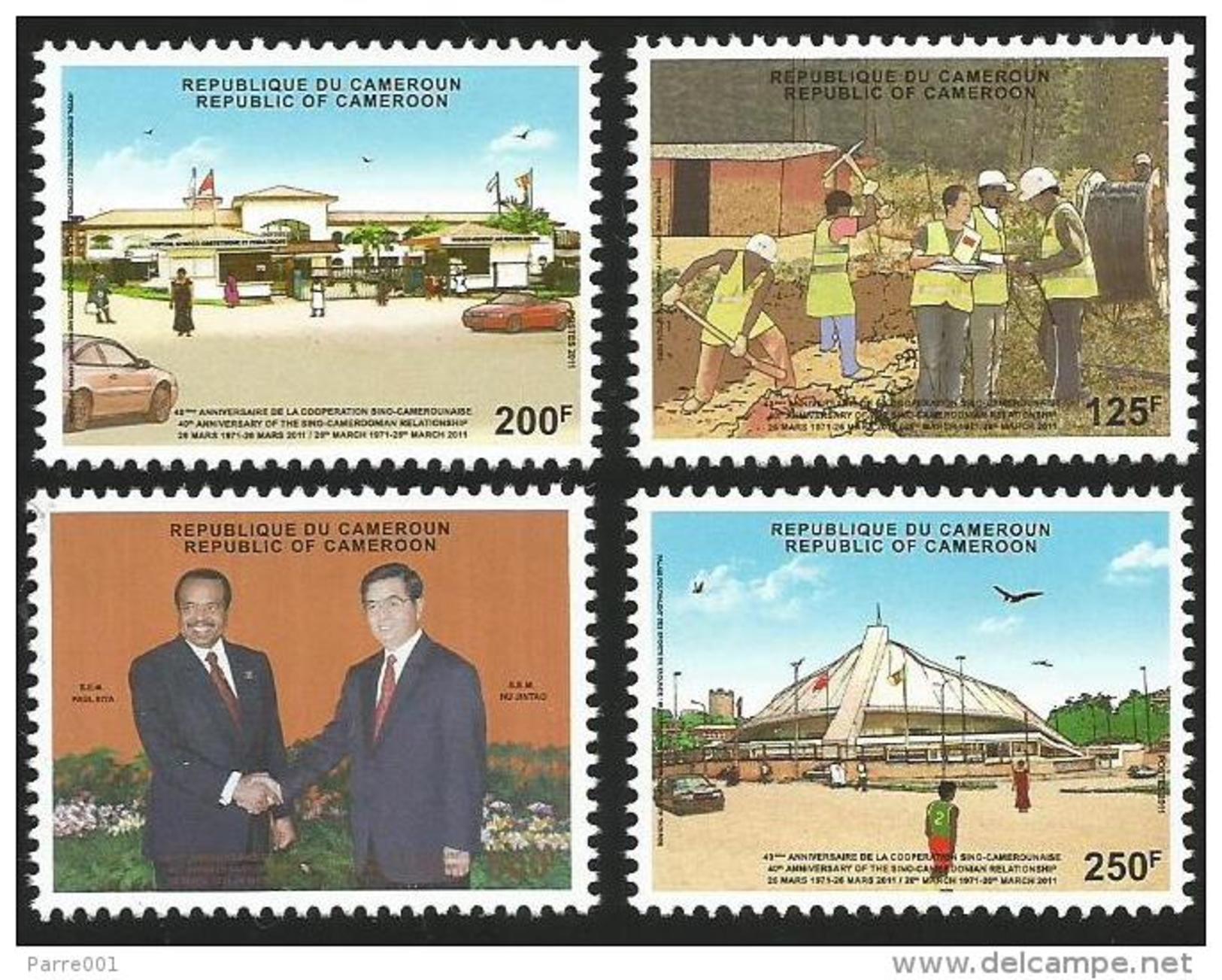 Cameroun Cameroon 2011 China Cooperation Optical Fibre Hospital Sport Stadium Presidents Biya Hu Jintao Yv 924-927 Mint - Kameroen (1960-...)