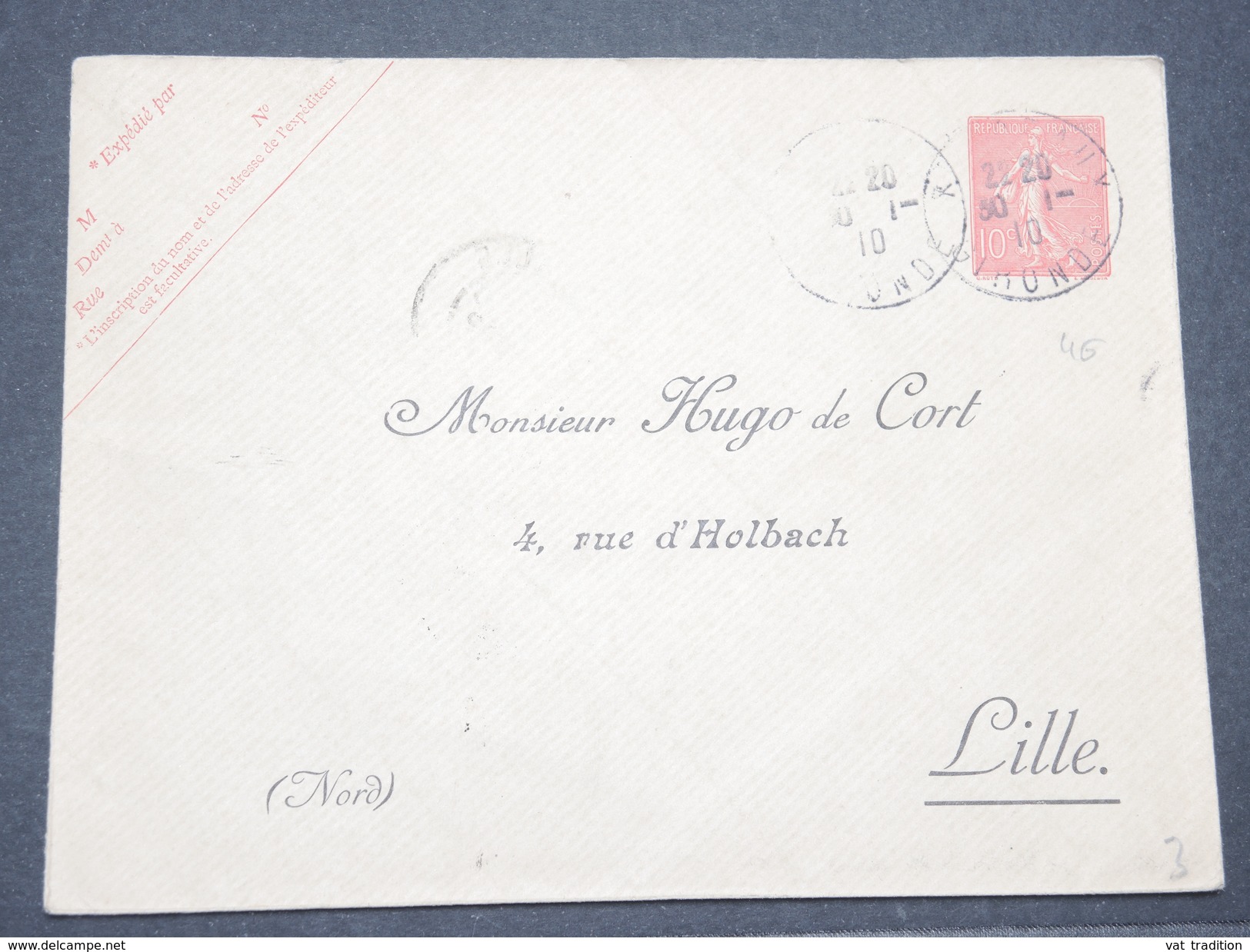 FRANCE - Enveloppe Type Semeuse Repiquage à Usage Commerciale De Bordeaux Pour Lille En 1910 - L 8133 - Sobres Transplantados (antes 1995)