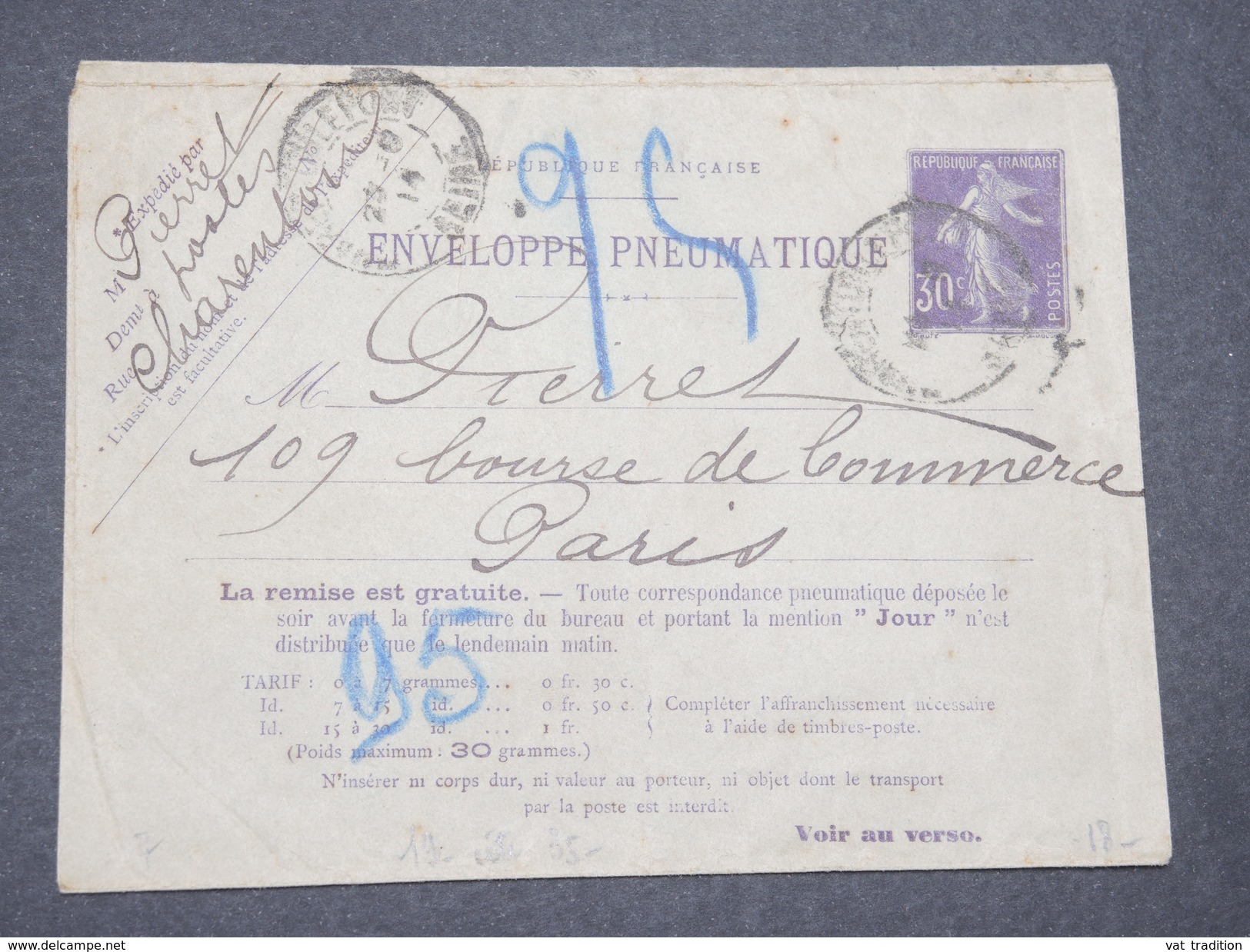 FRANCE - Enveloppe Pneumatique Type Semeuse De Charenton Pour Paris En 1914 - L 8135 - Pneumatiques